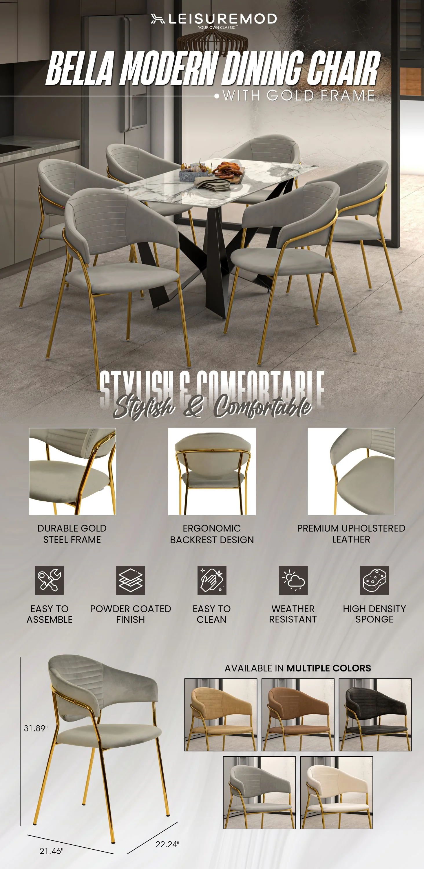 Bella Collection Modern Dining Chair in Light Grey Set of 2