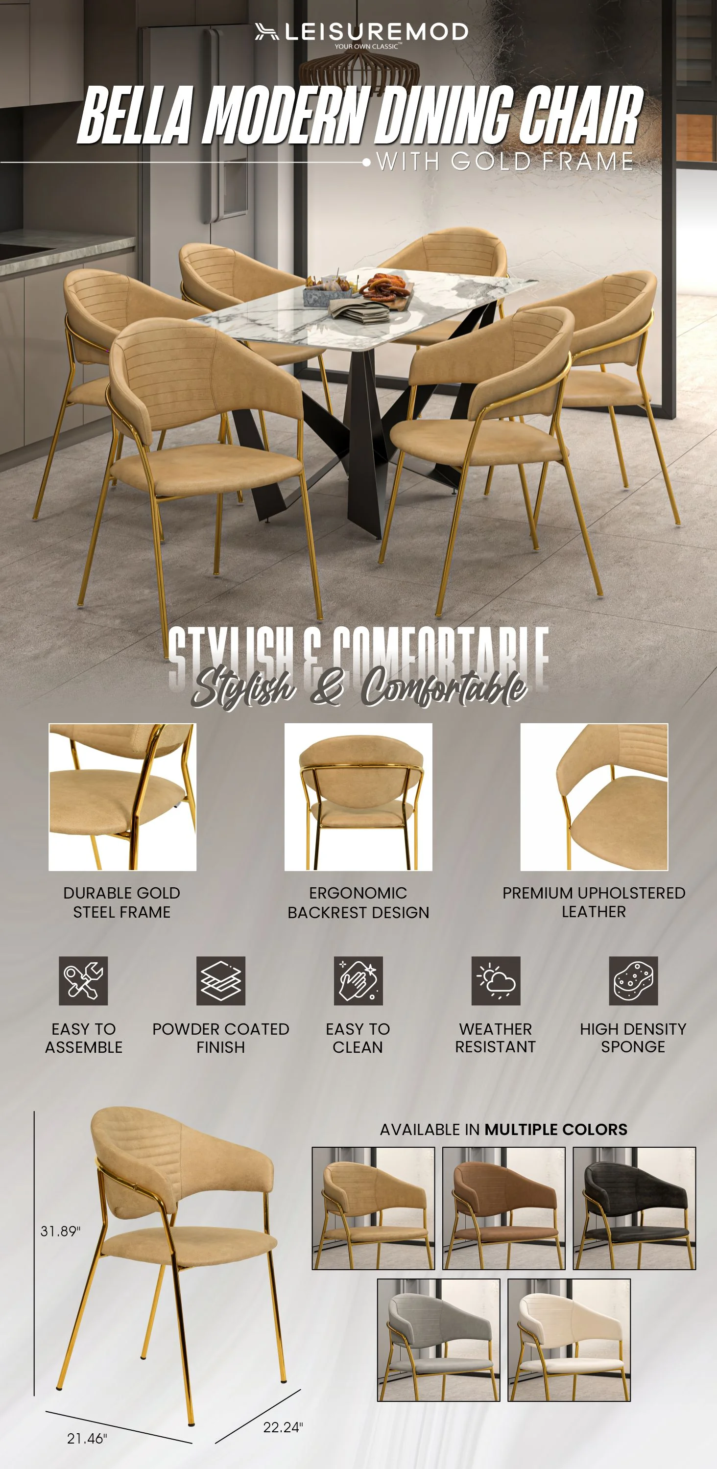 Bella Collection Modern Dining Chair in Taupe Set of 4