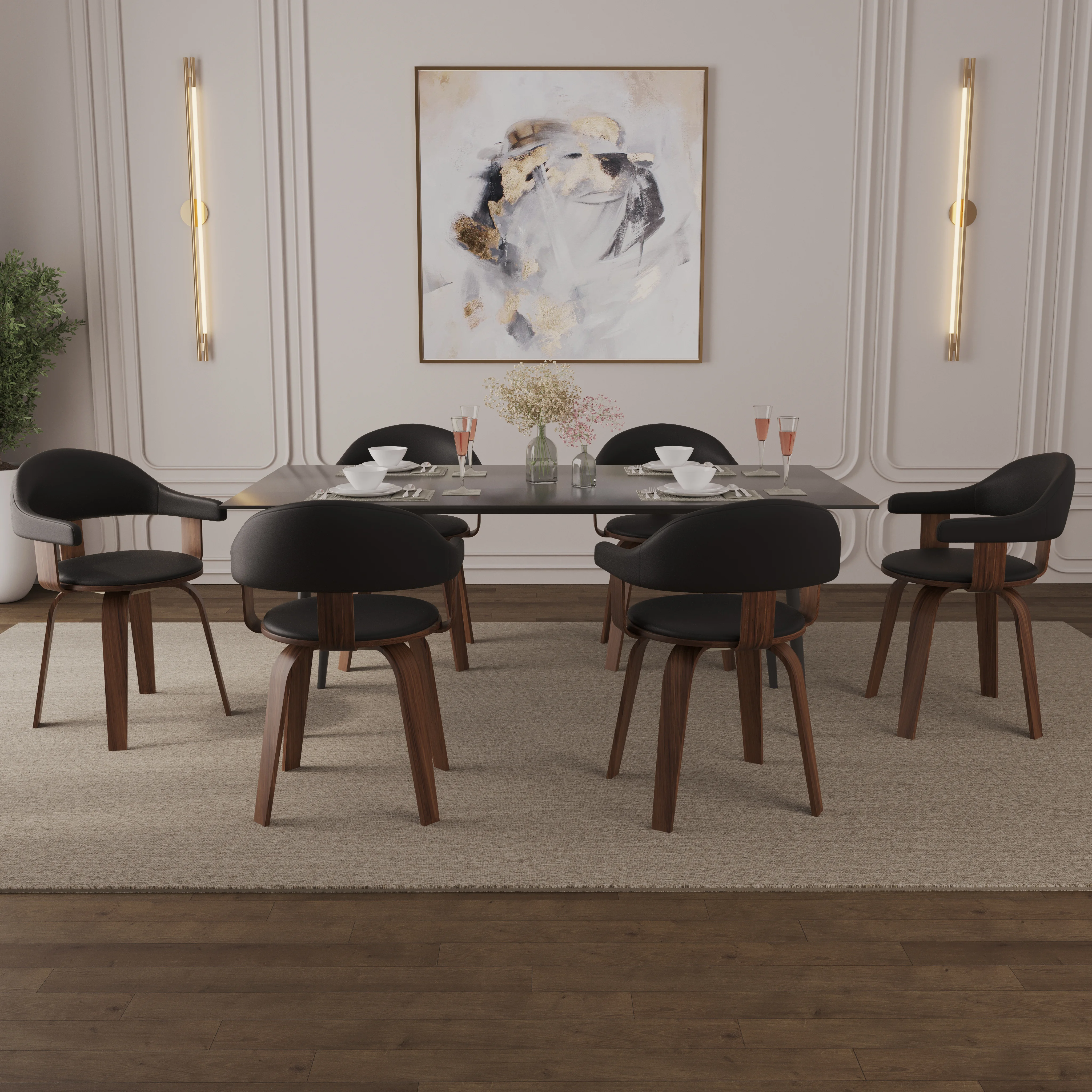 Modern Wooden Dining Chair, Walnut Color Frame in Black, Brivo Collection By LeisrueMod