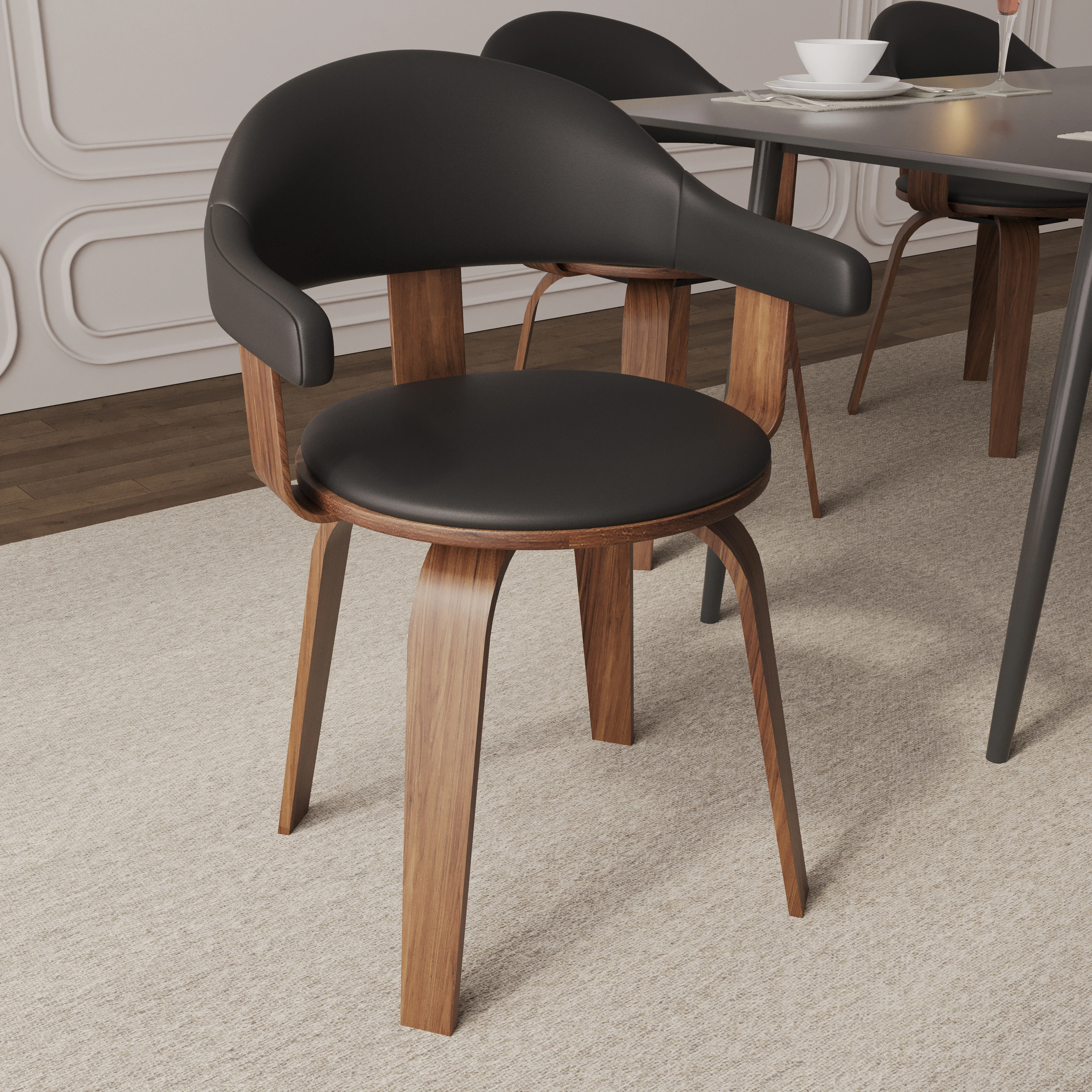 Modern Wooden Dining Chair, Walnut Color Frame in Black, Brivo Collection By LeisrueMod