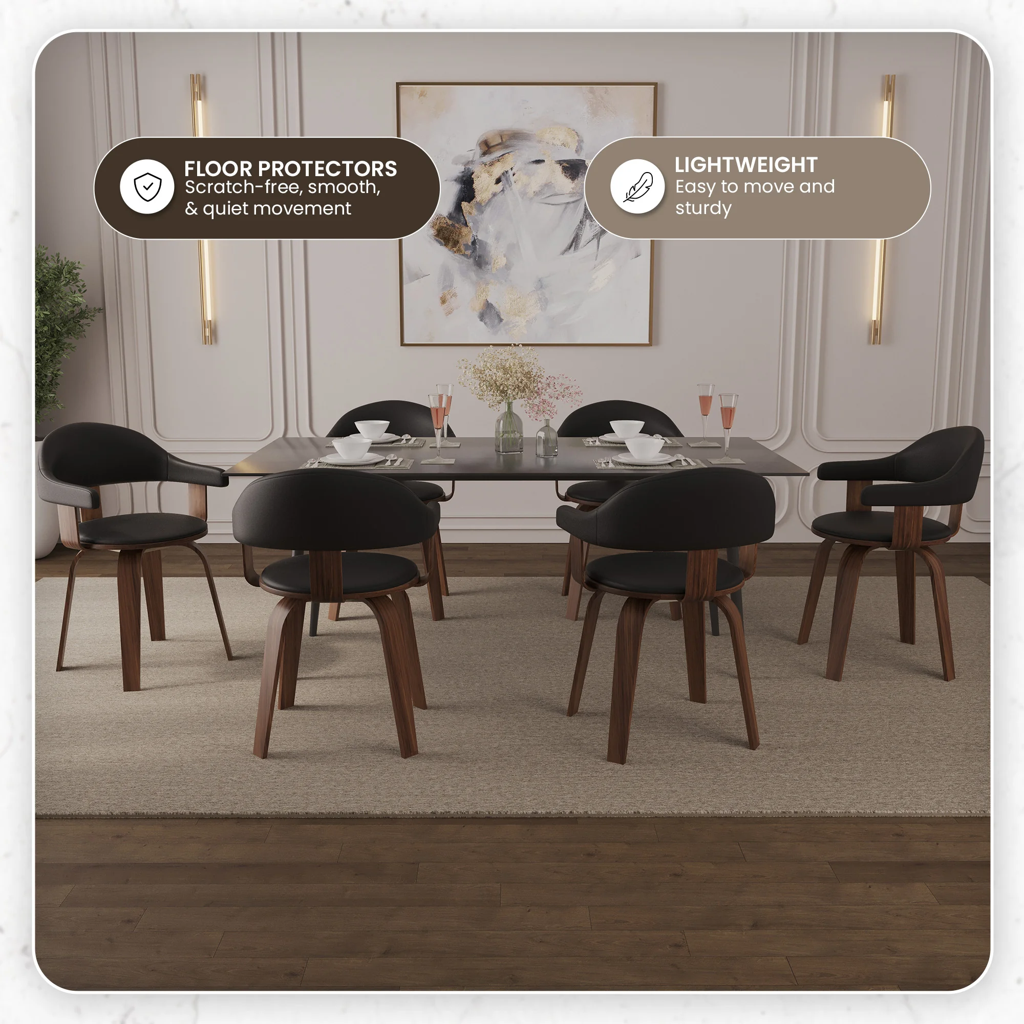 Modern Wooden Dining Chair, Walnut Color Frame in Black, Brivo Collection By LeisrueMod