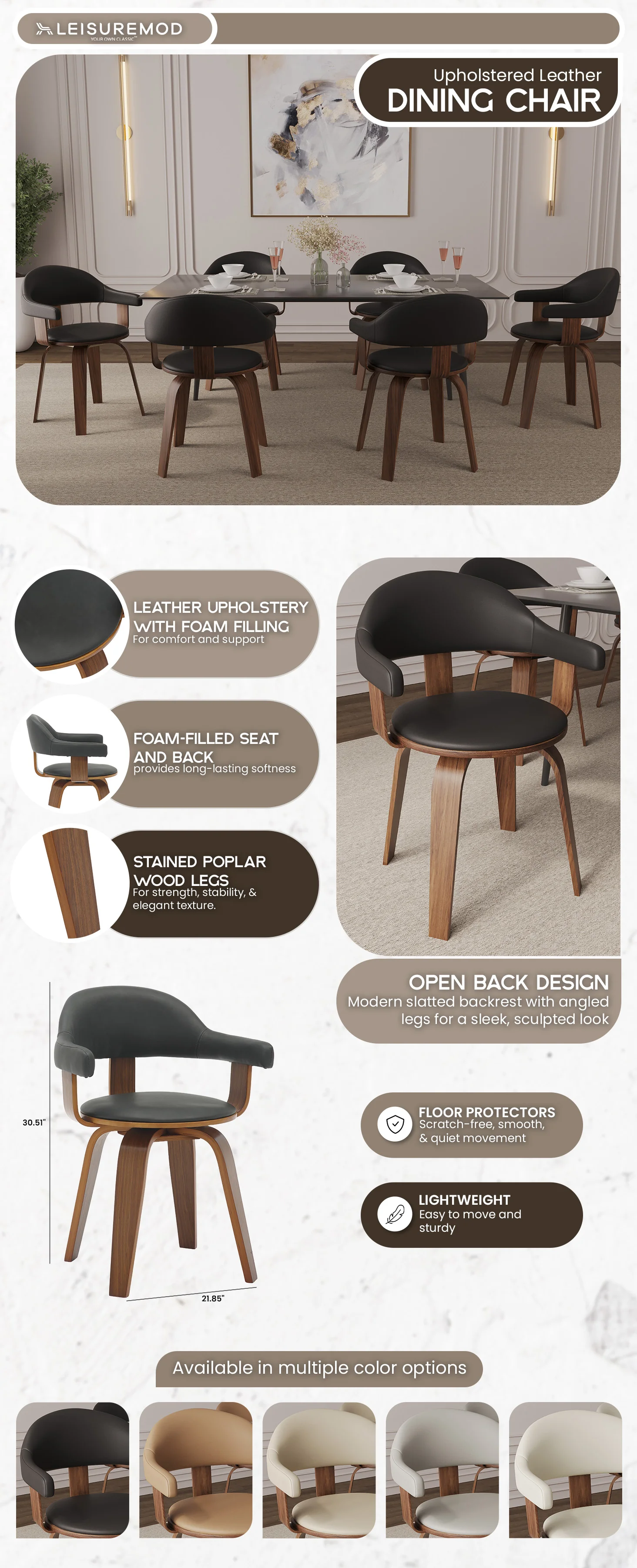 Modern Wooden Dining Chair, Walnut Color Frame in Black, Brivo Collection By LeisrueMod