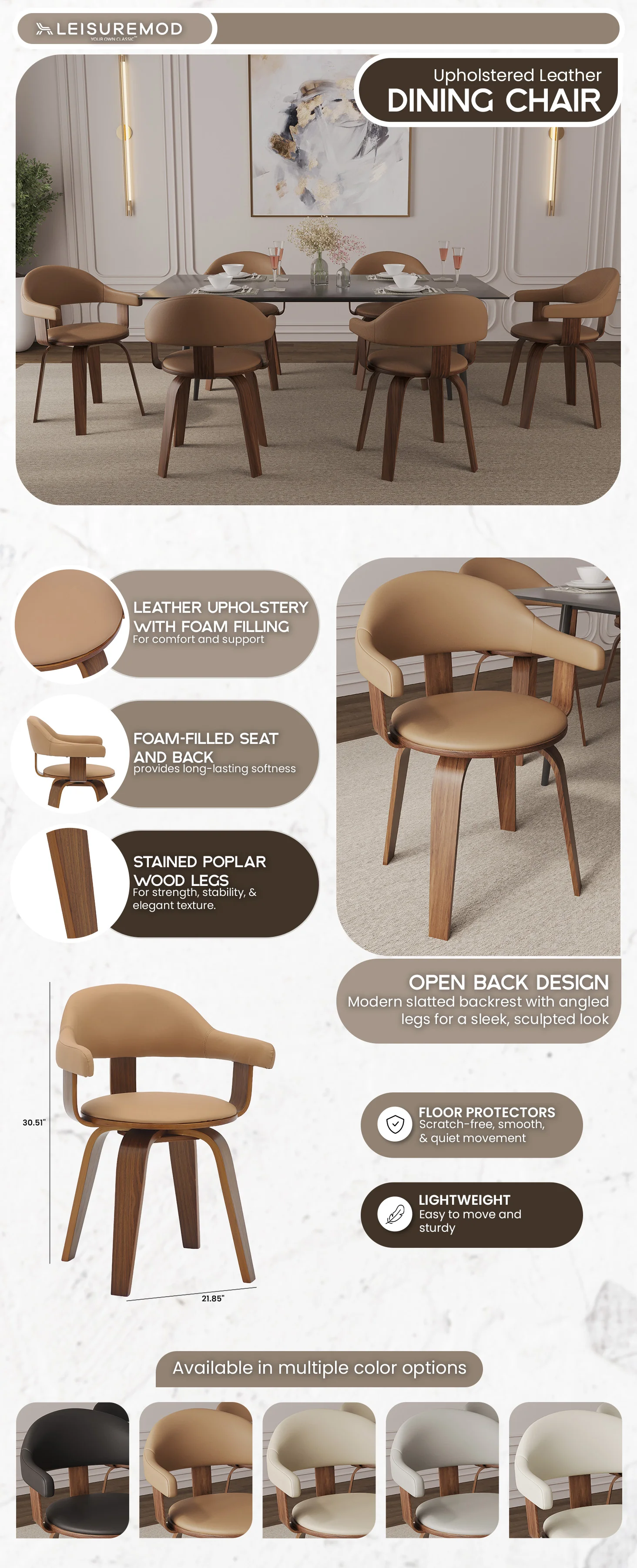 Modern Wooden Dining Chair, Walnut Color Frame in Brown, Brivo Collection By LeisrueMod