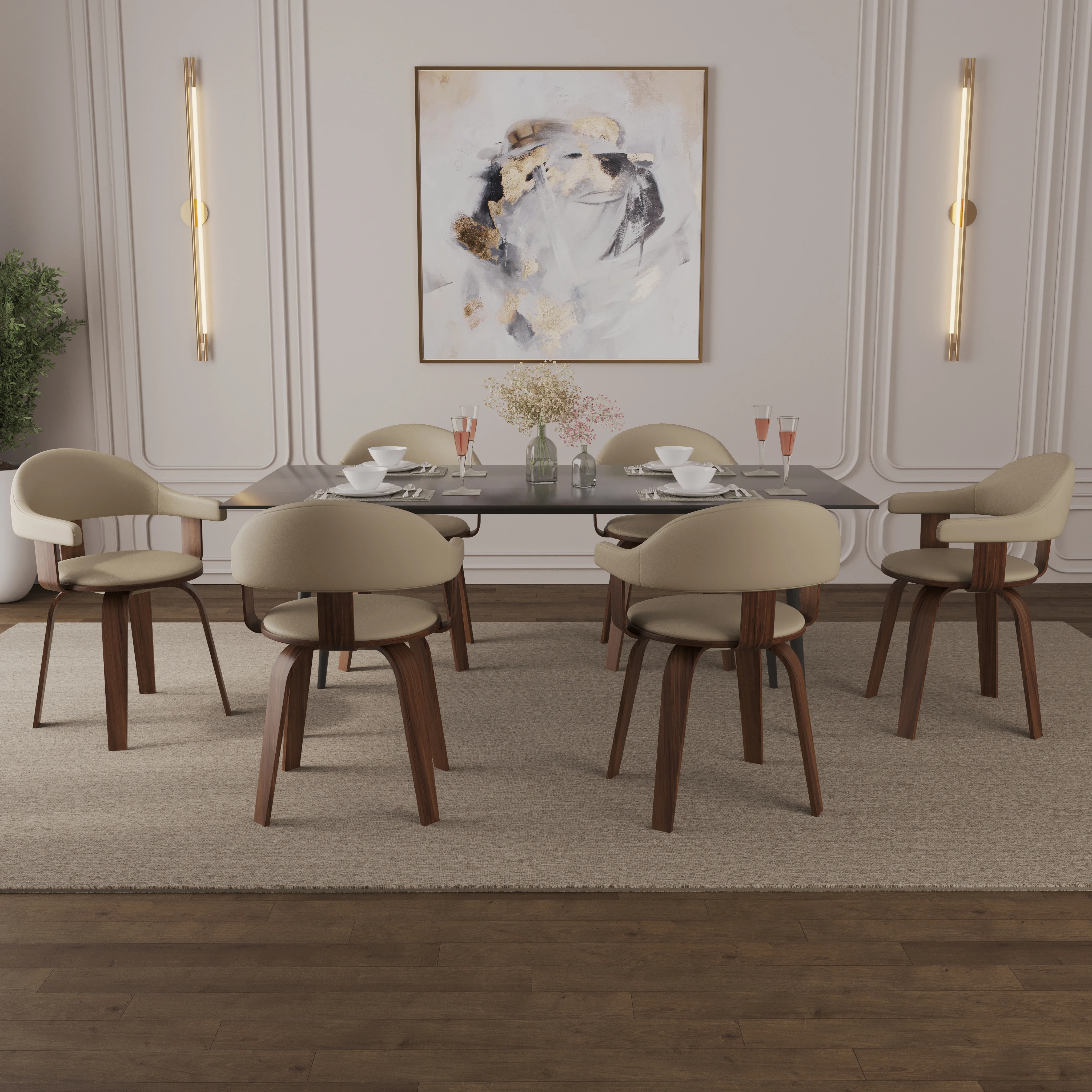 Modern Wooden Dining Chair, Walnut Color Frame in Cream, Brivo Collection By LeisrueMod
