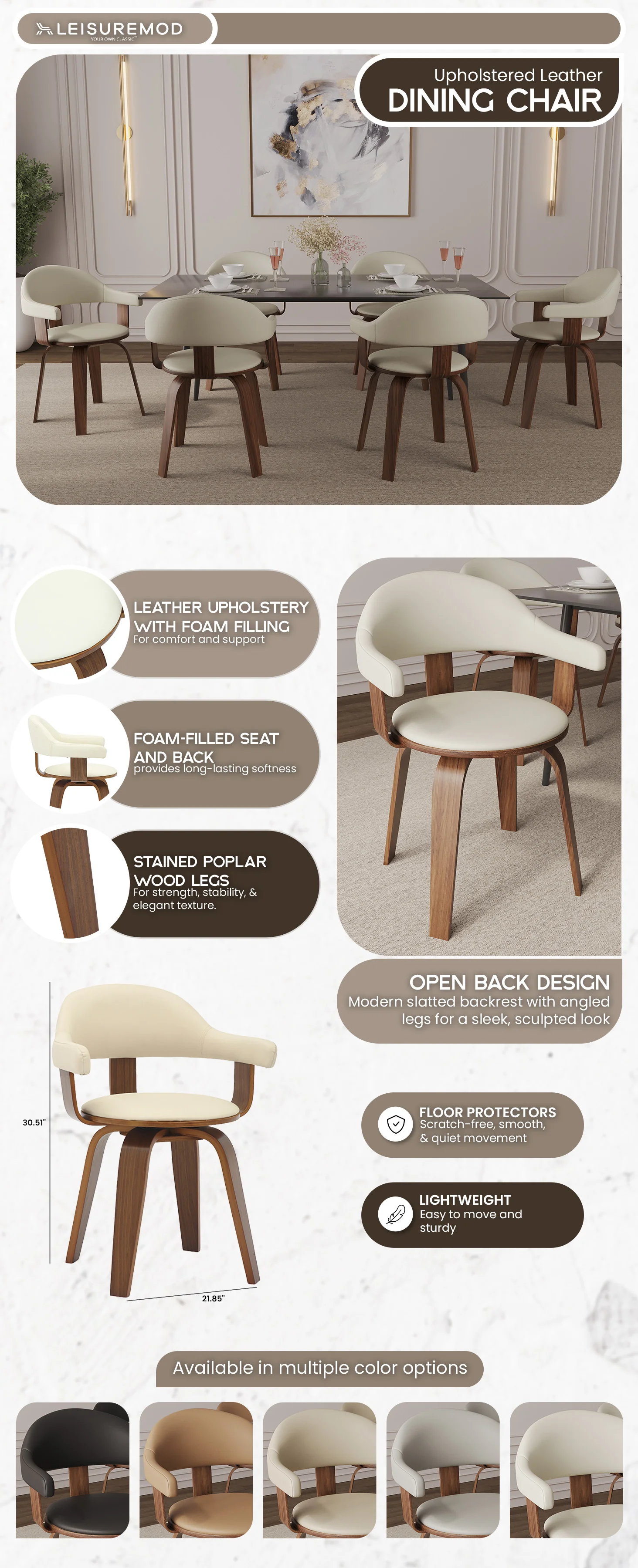 Modern Wooden Dining Chair, Walnut Color Frame in White, Brivo Collection By LeisrueMod
