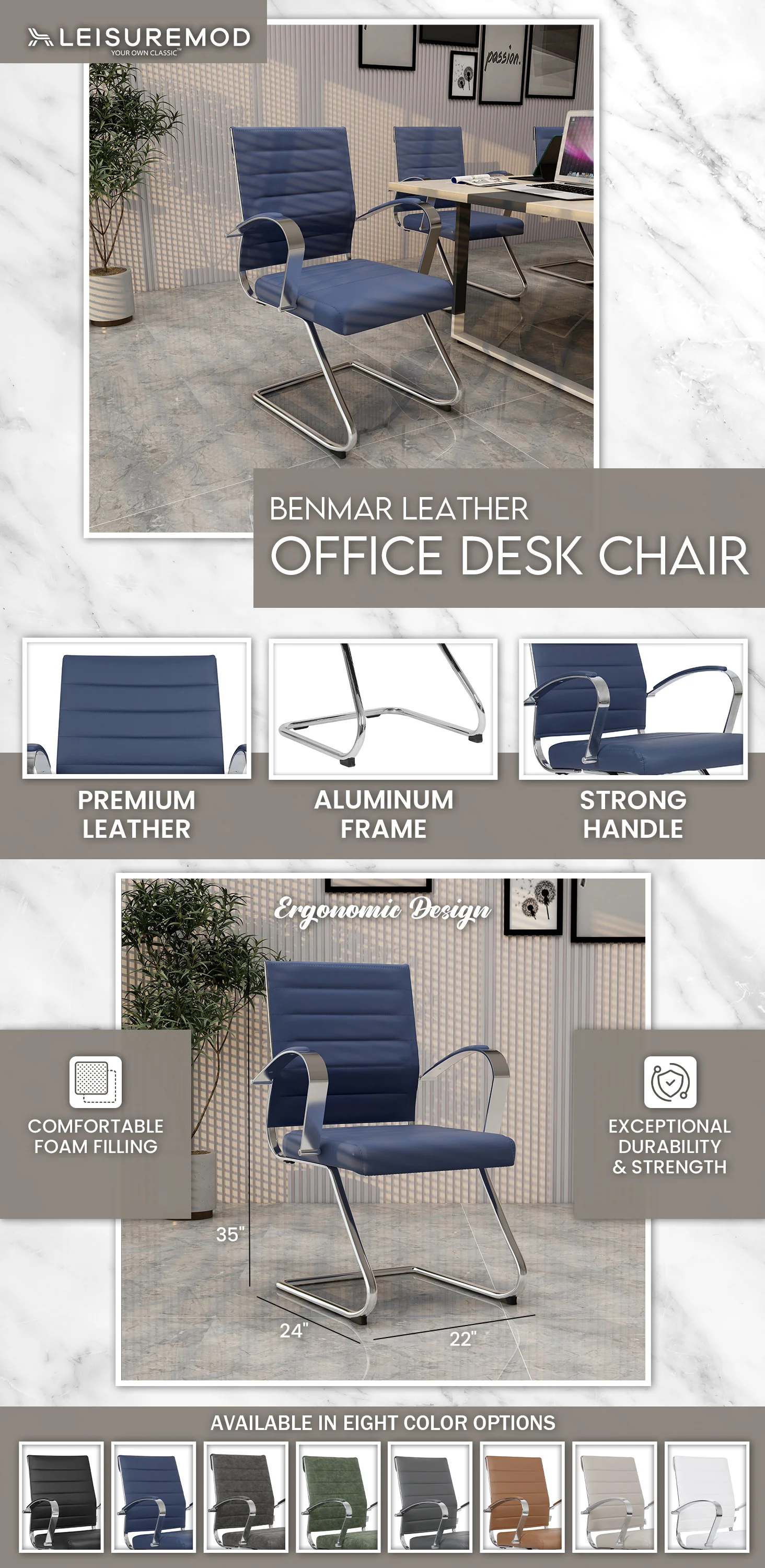 Benmar Home Leather Guest Office Chair in Navy Blue