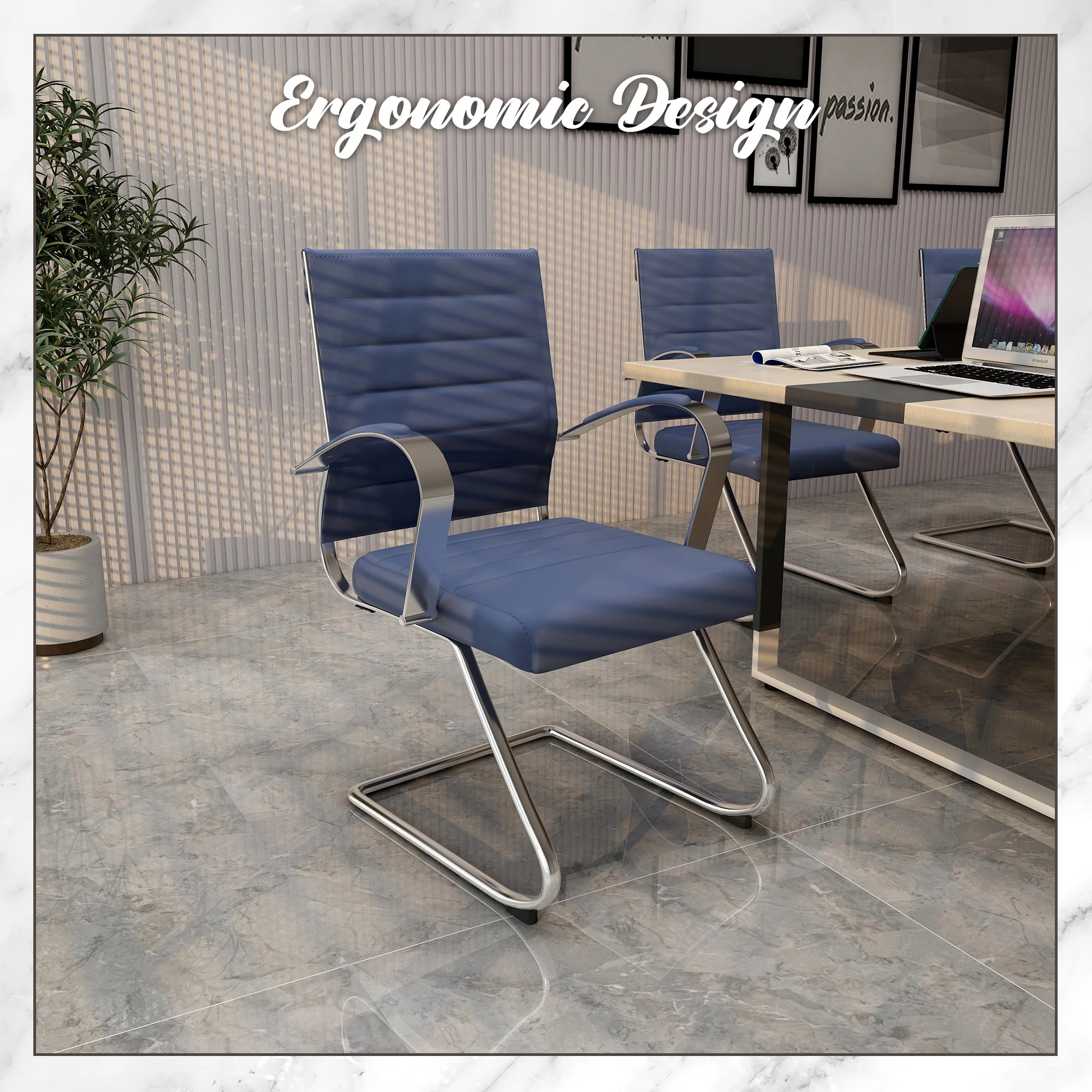 Benmar Home Leather Guest Office Chair in Navy Blue