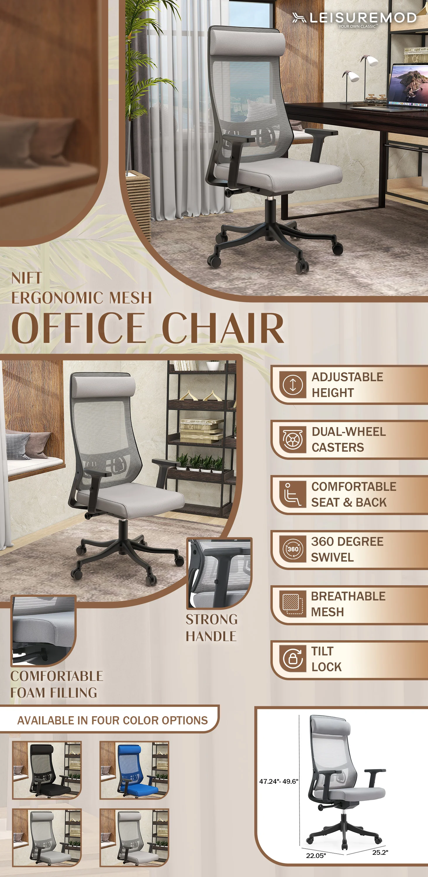 Benmar Home Leather Guest Office Chair in Charcoal