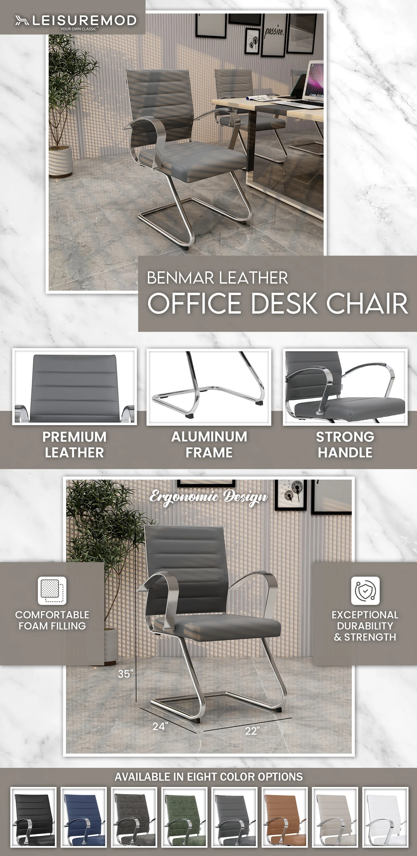 Benmar Home Leather Guest Office Chair in Grey