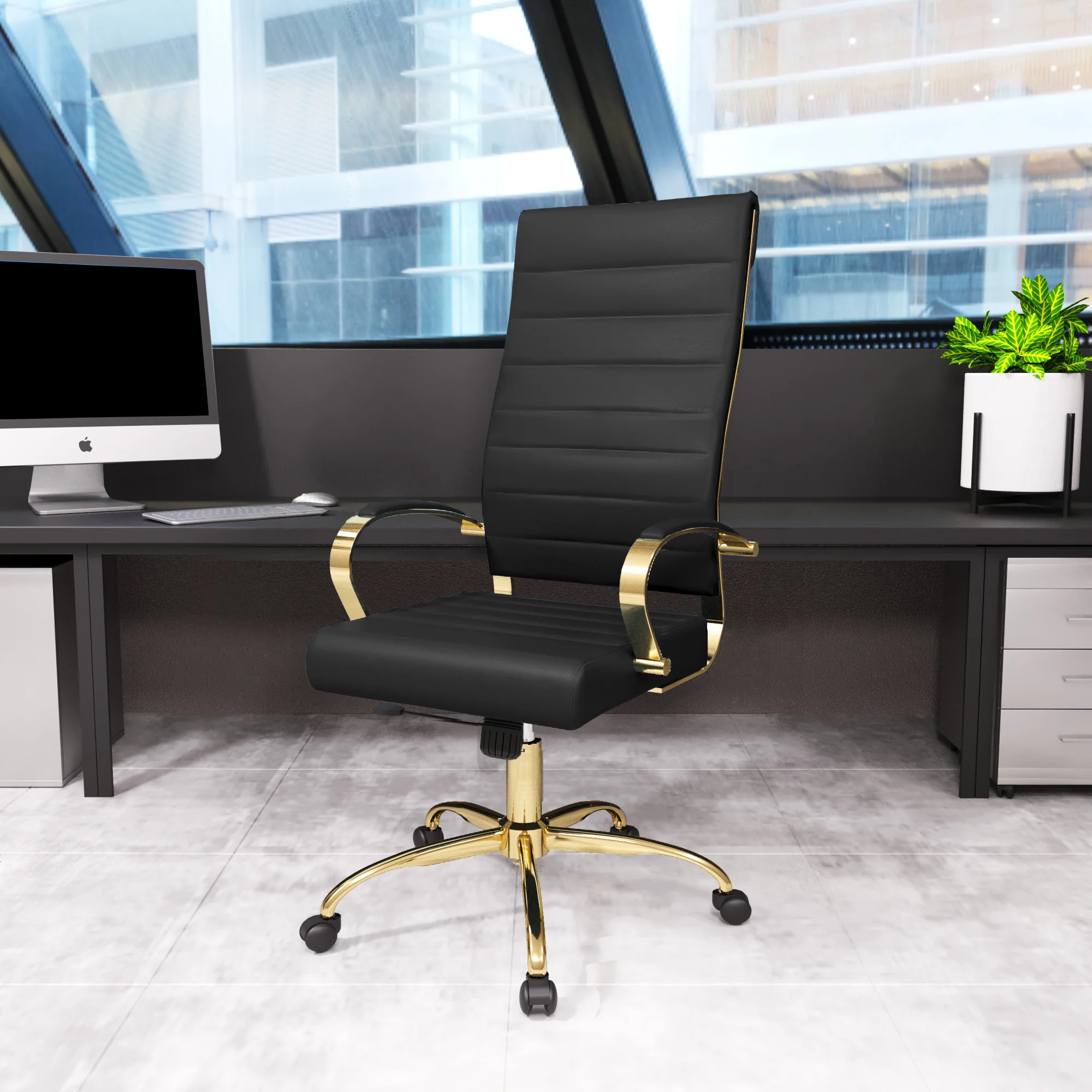 Benmar High-Back Leather Office Chair With Gold Frame