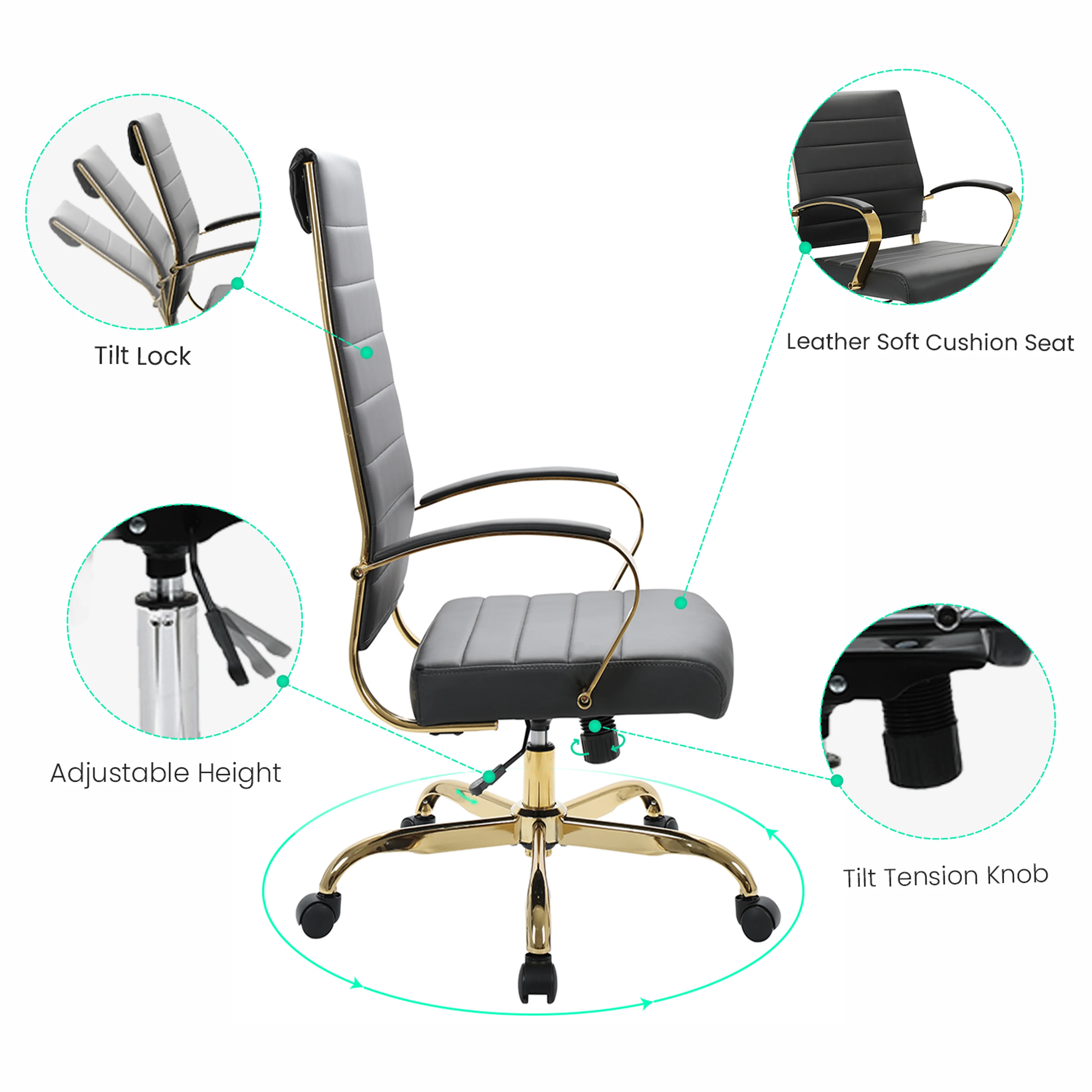 Benmar High-Back Leather Office Chair With Gold Frame