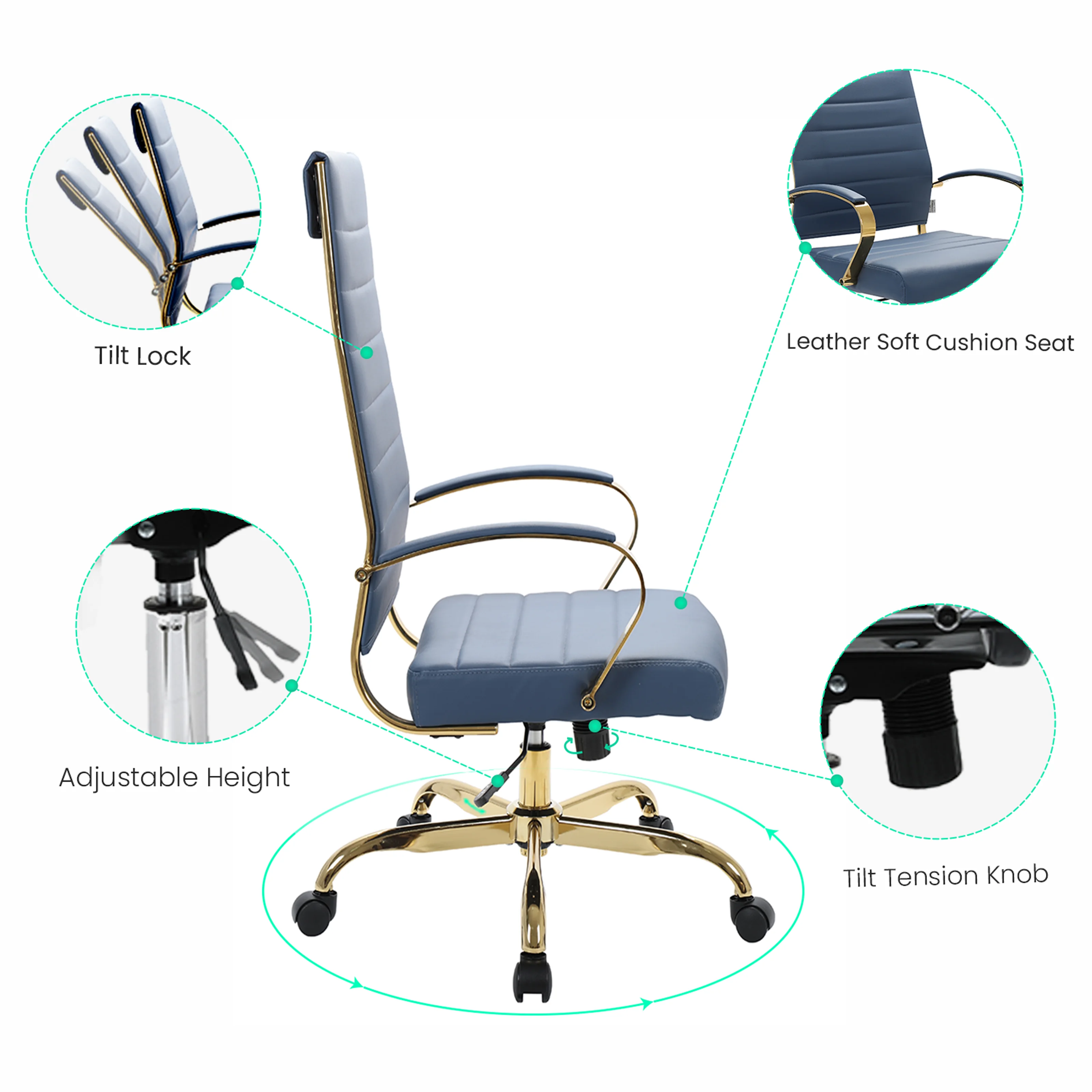 Benmar High-Back Leather Office Chair With Gold Frame