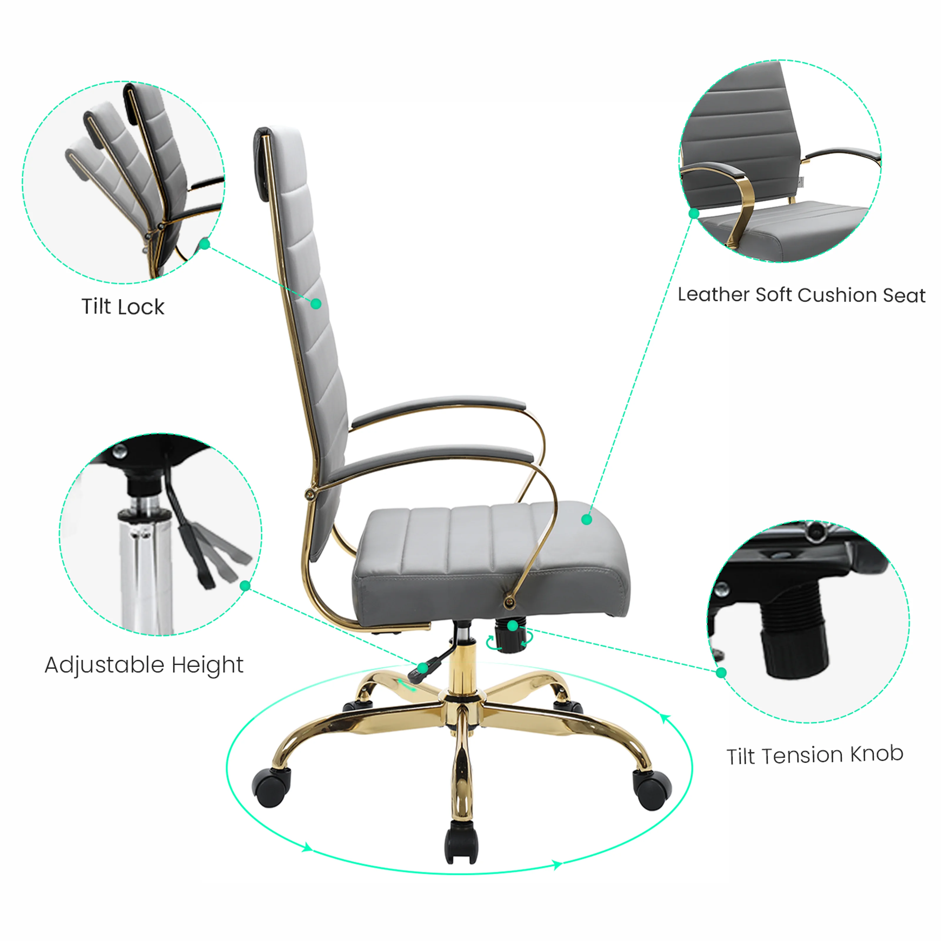 Benmar High-Back Leather Office Chair With Gold Frame