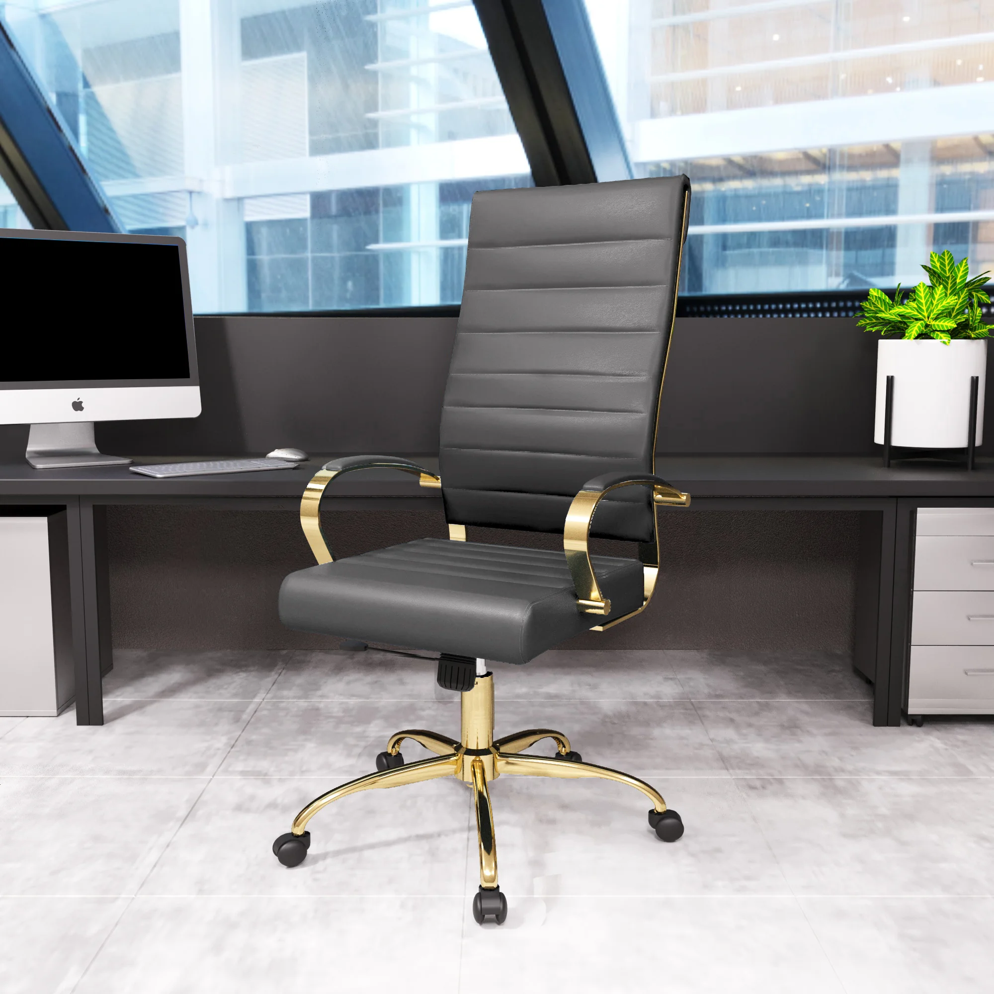 Benmar High-Back Leather Office Chair With Gold Frame