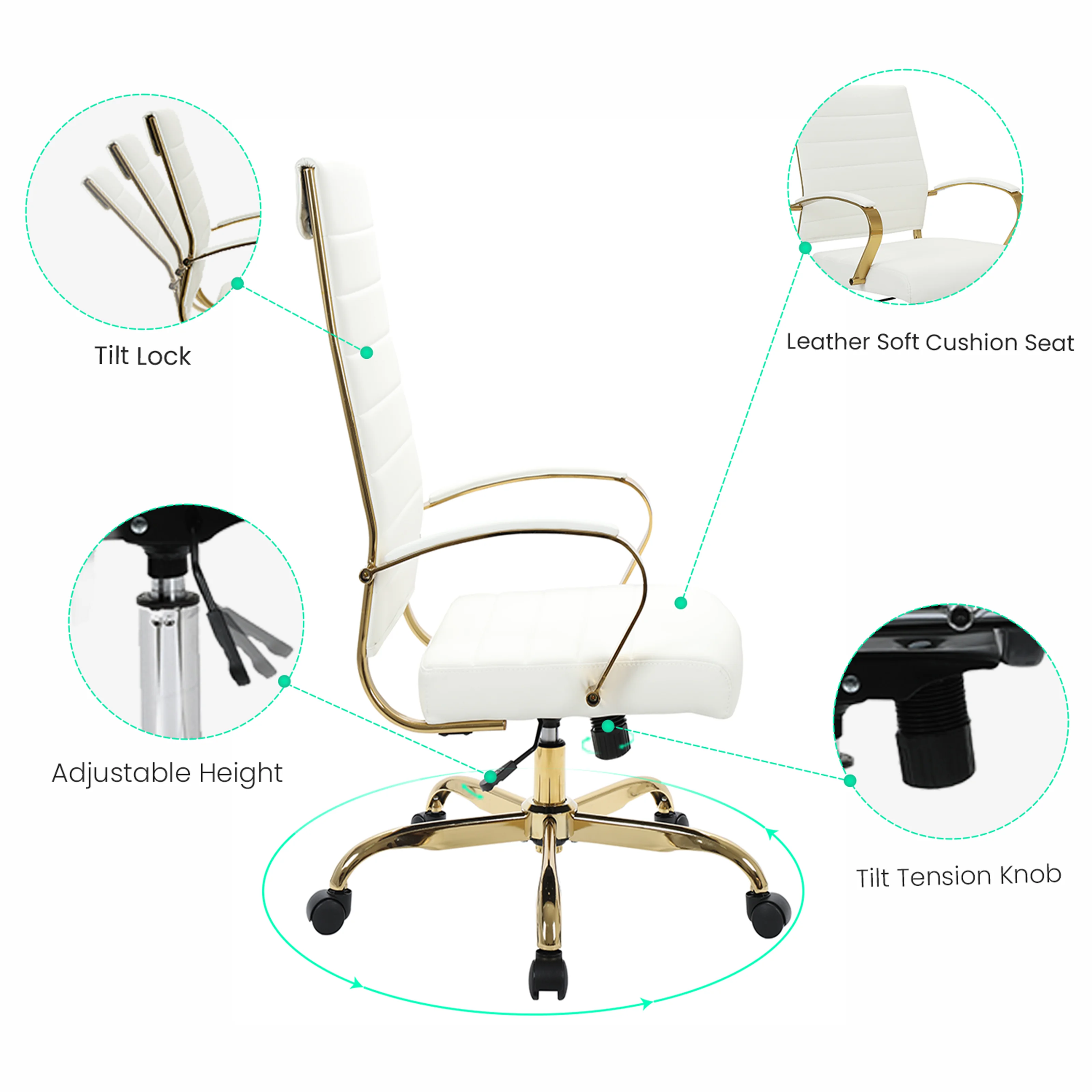 Benmar High-Back Leather Office Chair With Gold Frame