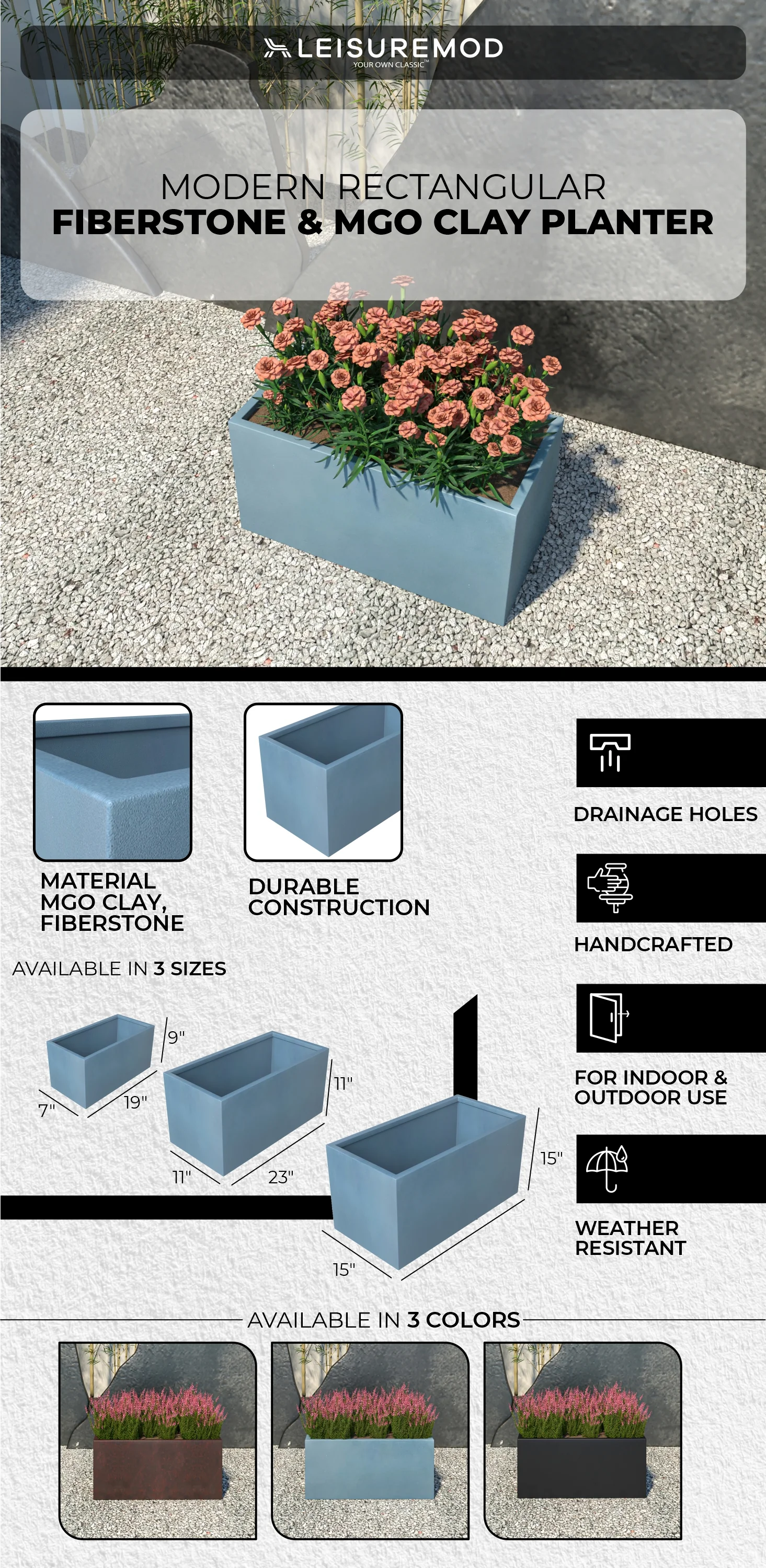 Bloom Series Poly Stone Planter 11.8" , 23.6" Long In Black Aged Concrete