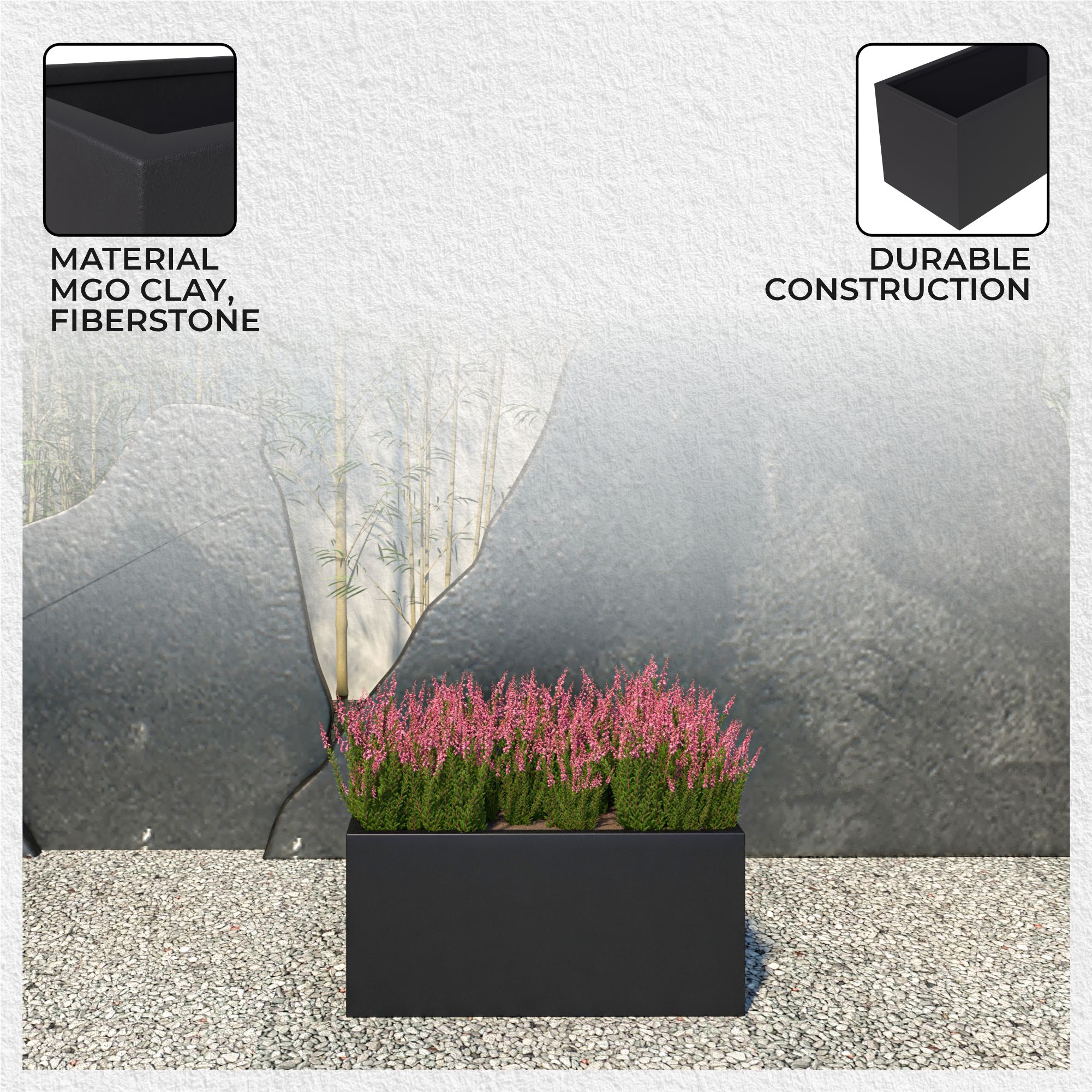 Bloom Series Poly Stone Planter 11.8" , 23.6" Long In Black