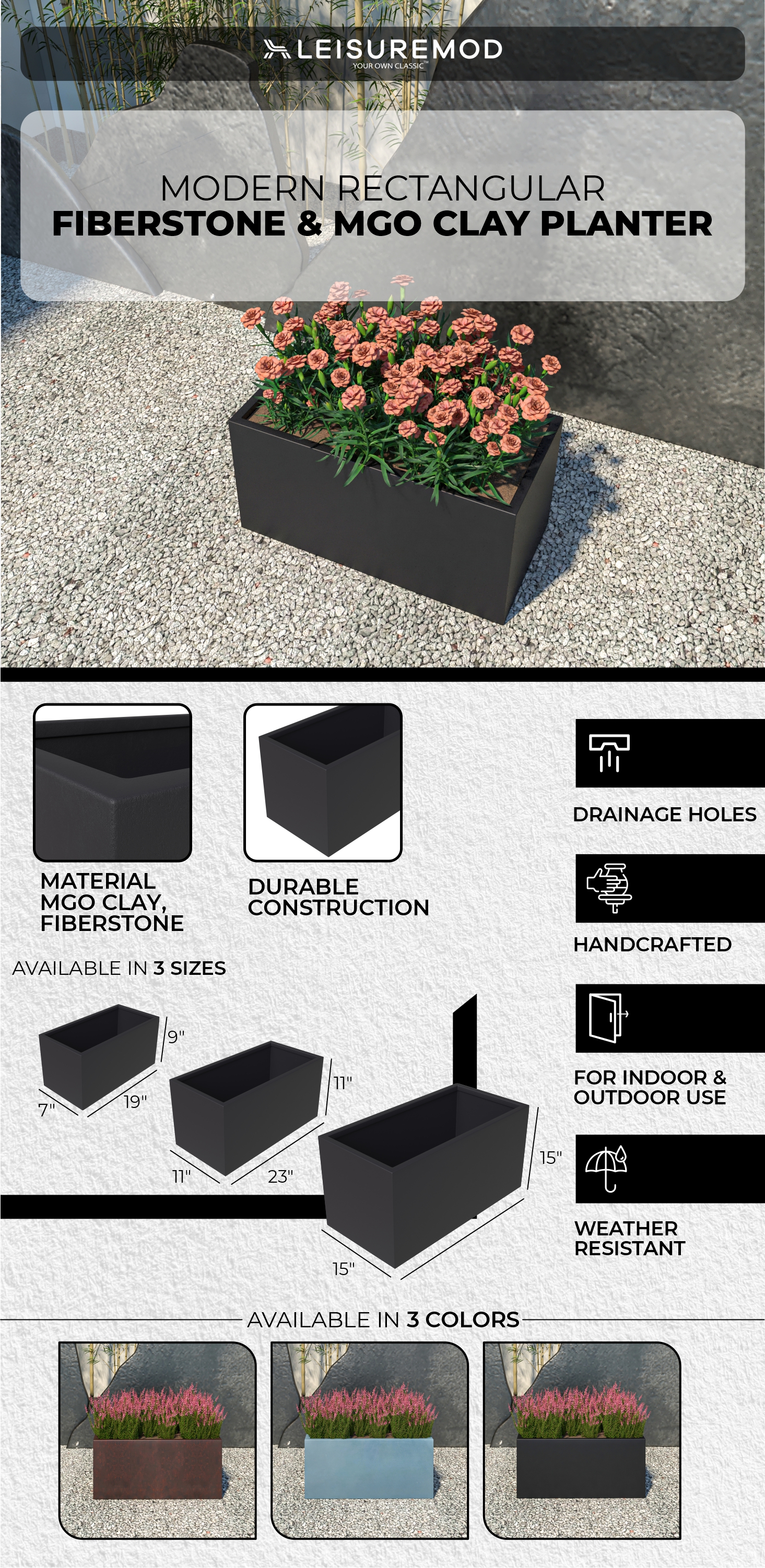 Bloom Series Poly Stone Planter 11.8" , 23.6" Long In Black