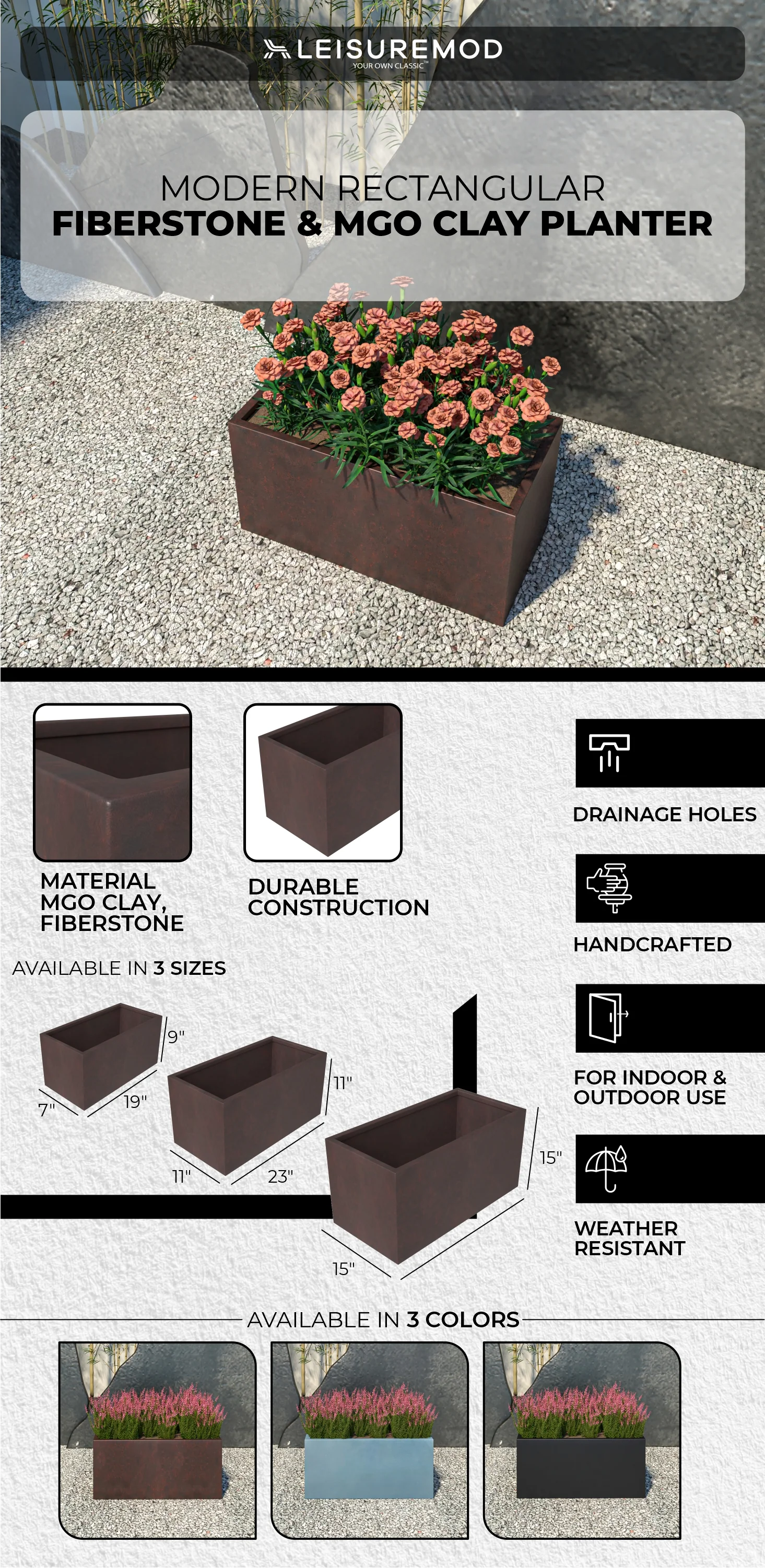 Bloom Series Poly Stone Planter 11.8" , 23.6" Long In Brown