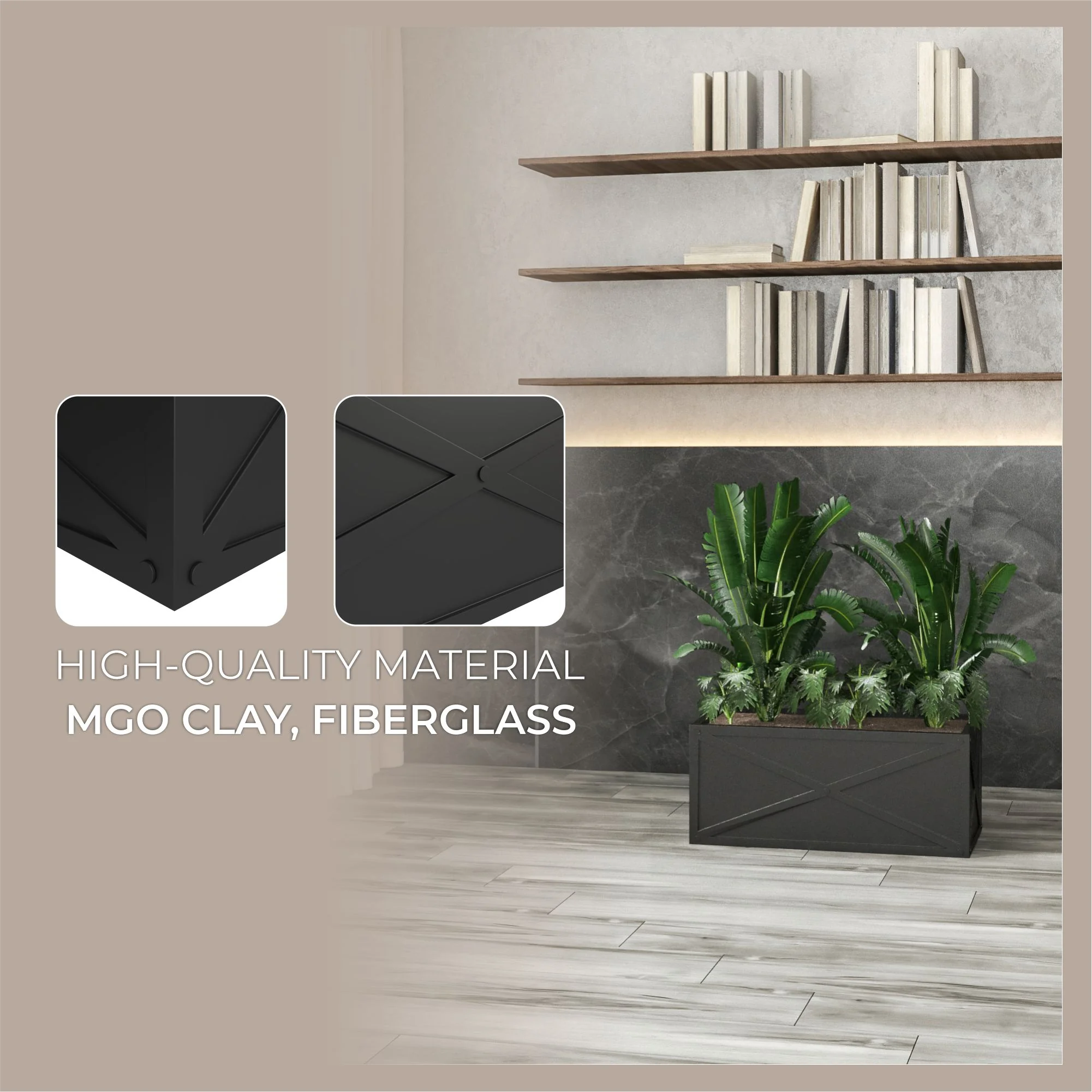 Bonsai Series Rectangle Poly Stone Planter in Black 14.6 x 13 30 Long