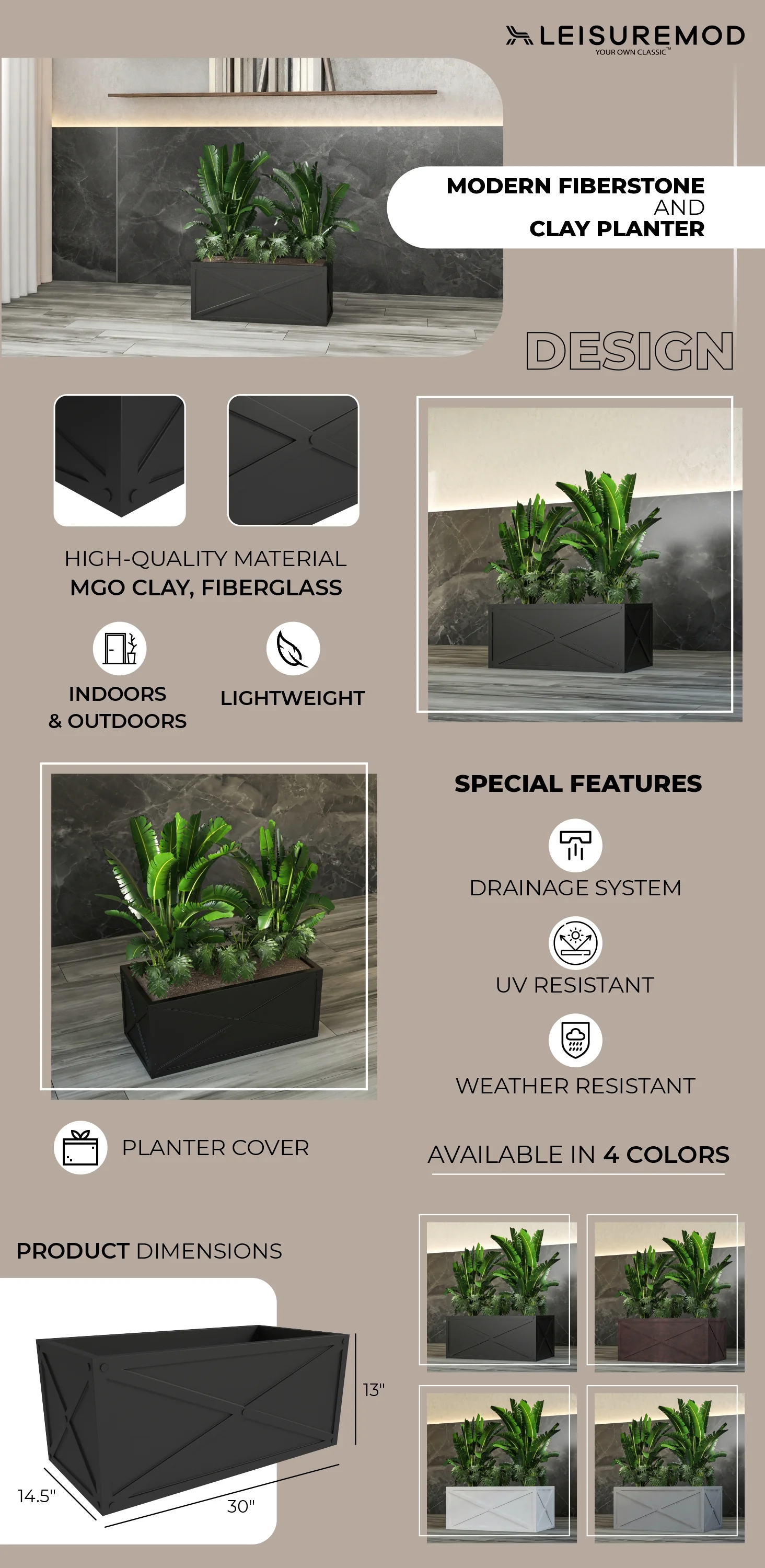 Bonsai Series Rectangle Poly Stone Planter in Black 14.6 x 13 30 Long