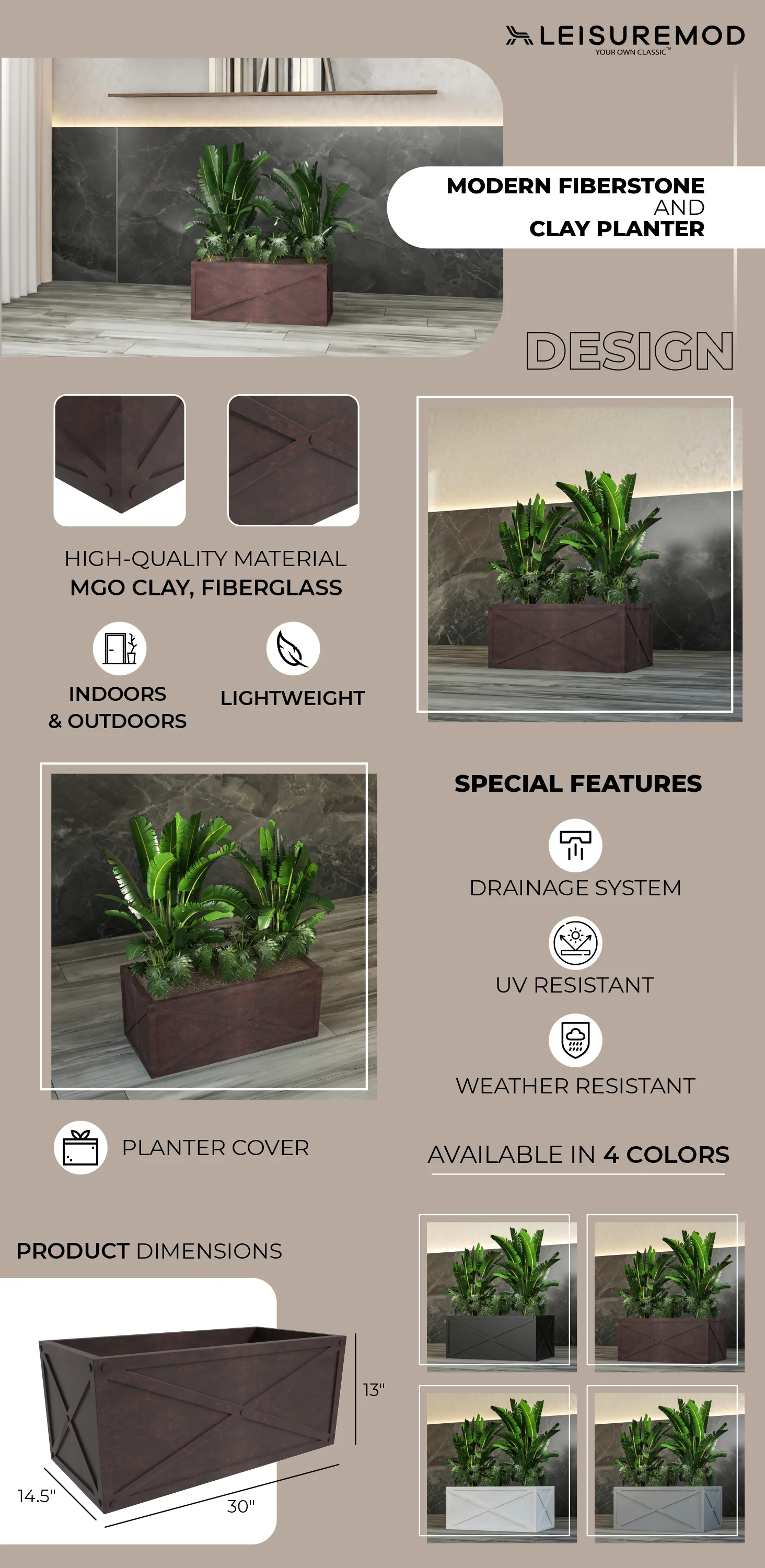 Bonsai Series Rectangle Poly Stone Planter in Brown 14.6 x 13 30 Long