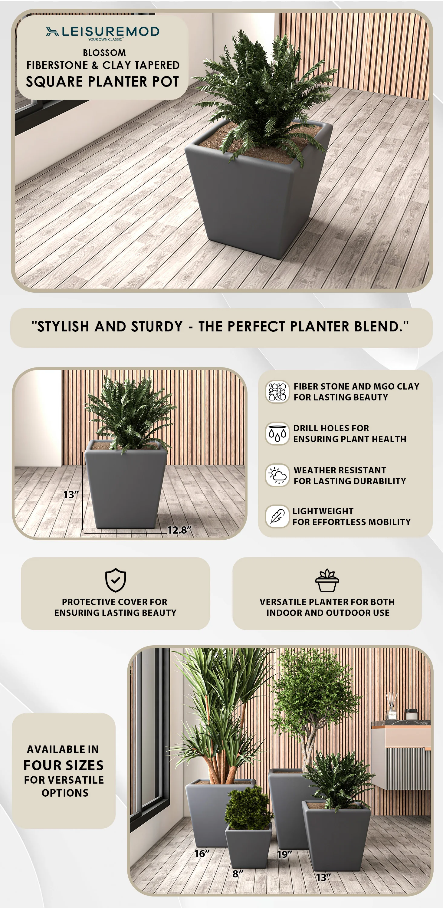 Blossom Series Poly Stone Planter in Dark Grey 14 Dia, 13.4 High