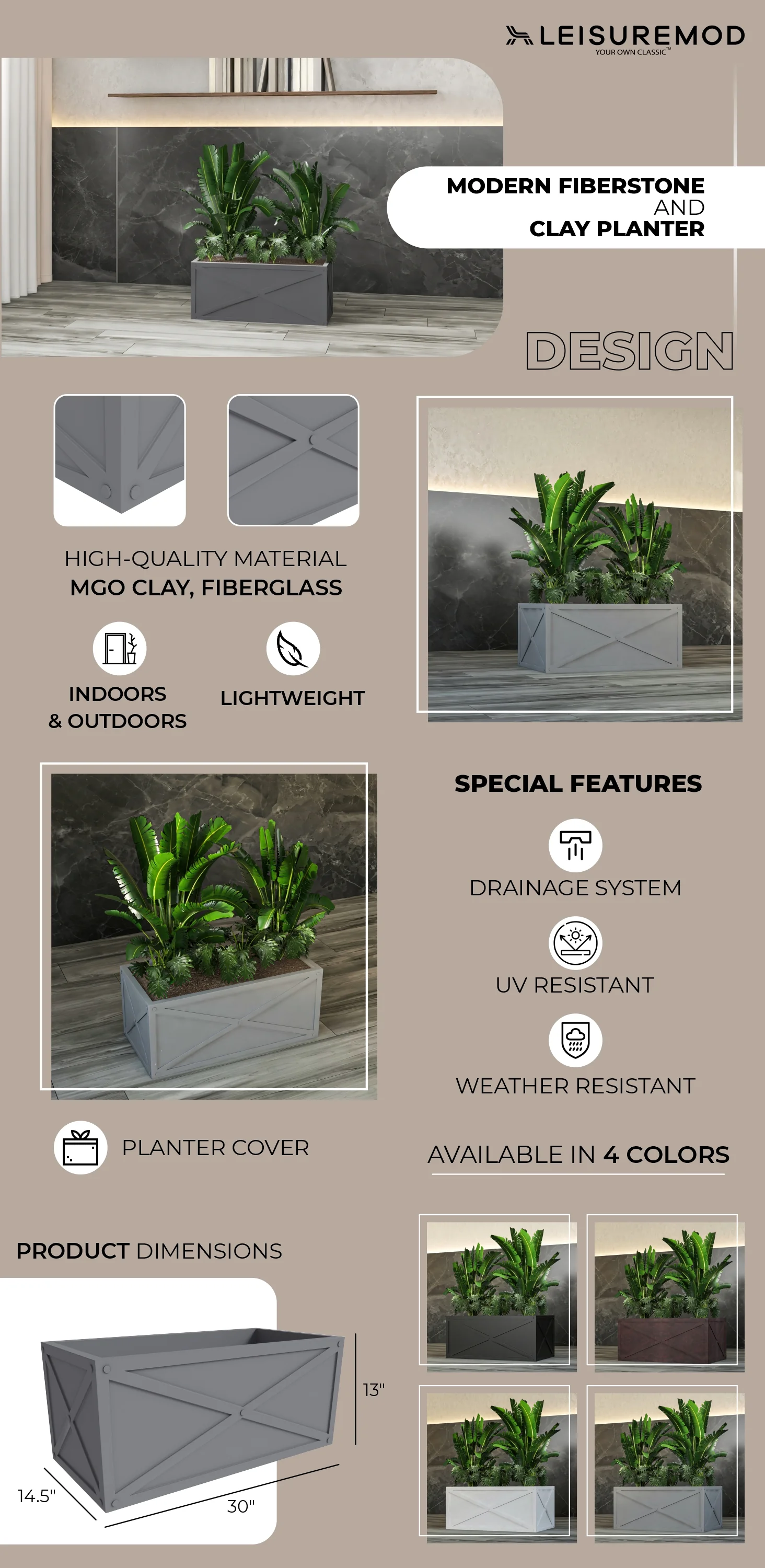 Bonsai Series Rectangle Poly Stone Planter in Grey 14.6 x 13 30 Long