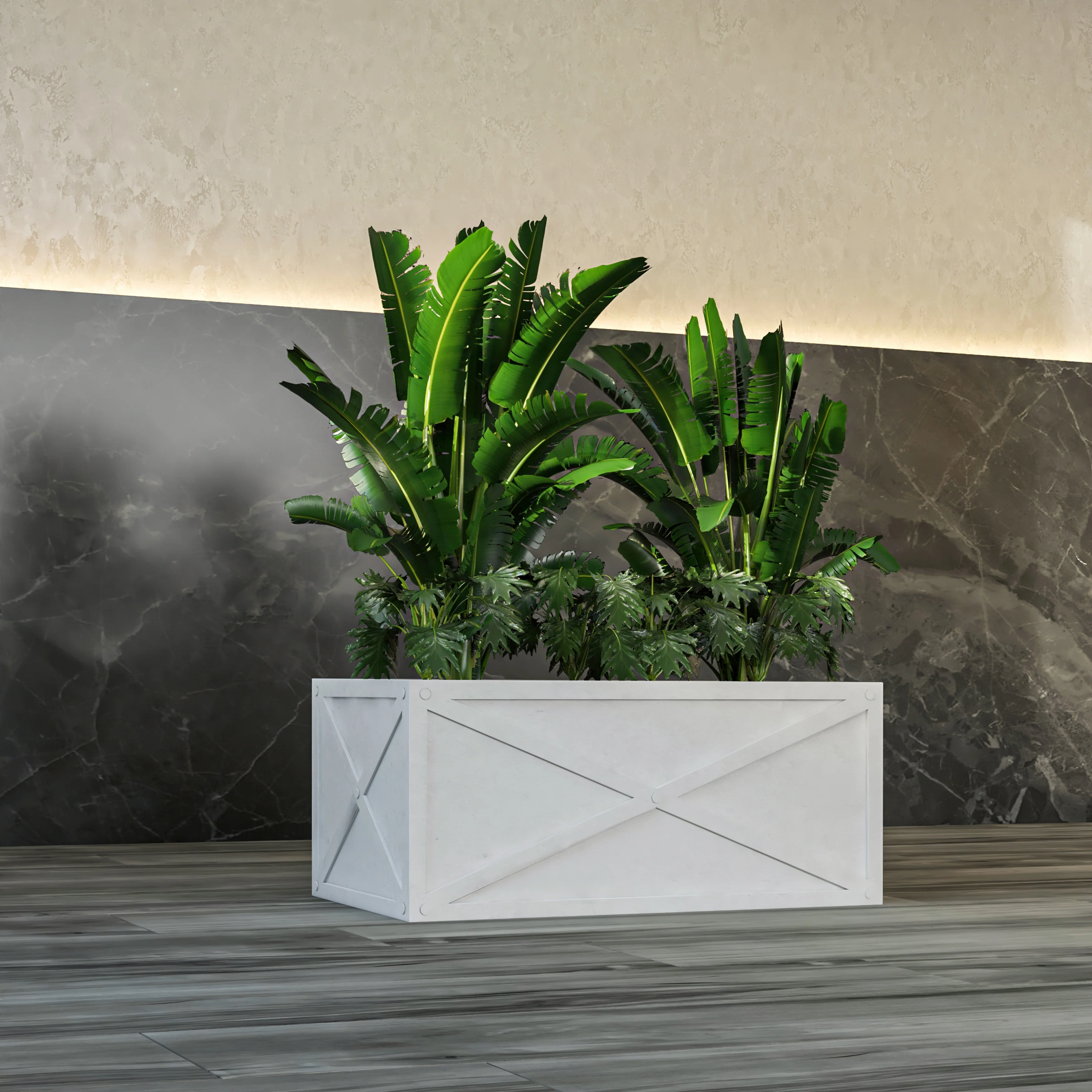 Bonsai Series Rectangle Poly Stone Planter in White 14.6 x 13 30 Long