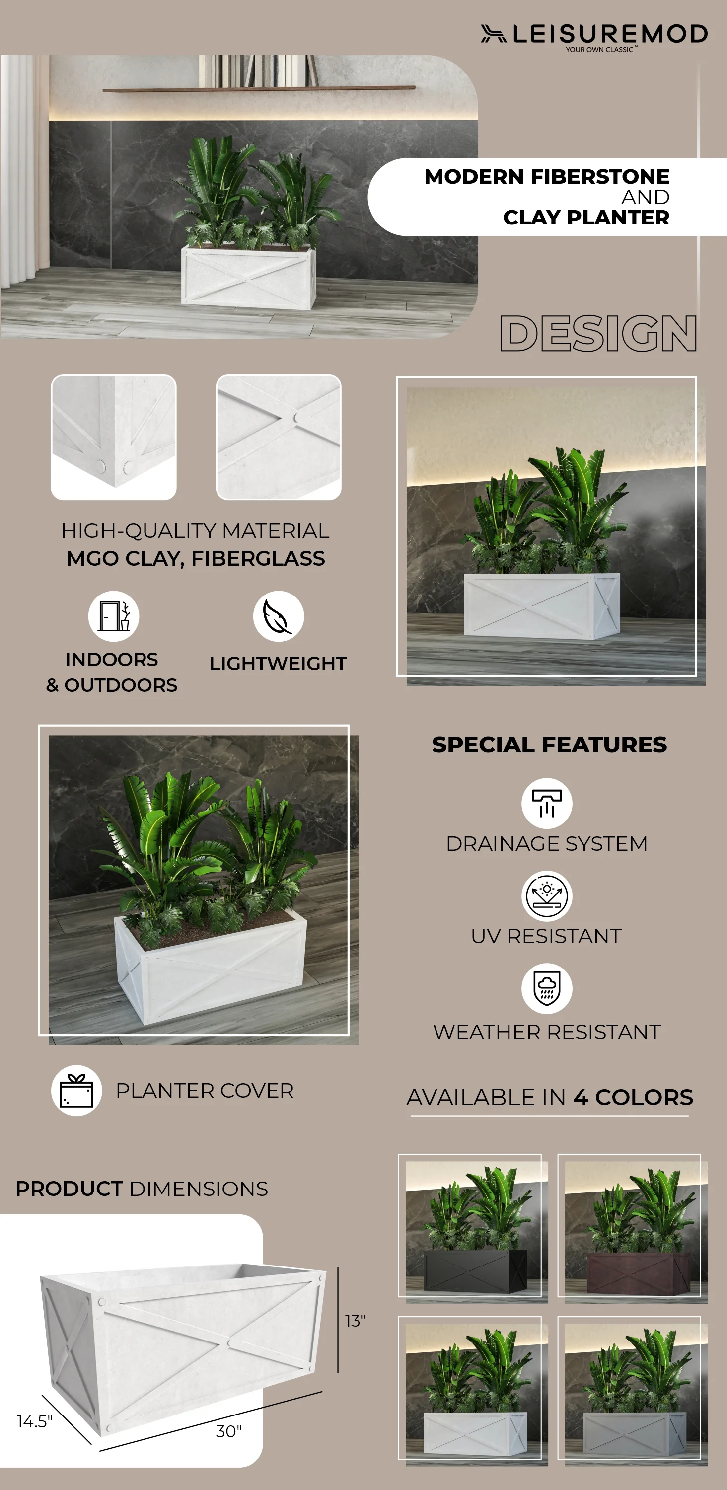 Bonsai Series Rectangle Poly Stone Planter in White 14.6 x 13 30 Long