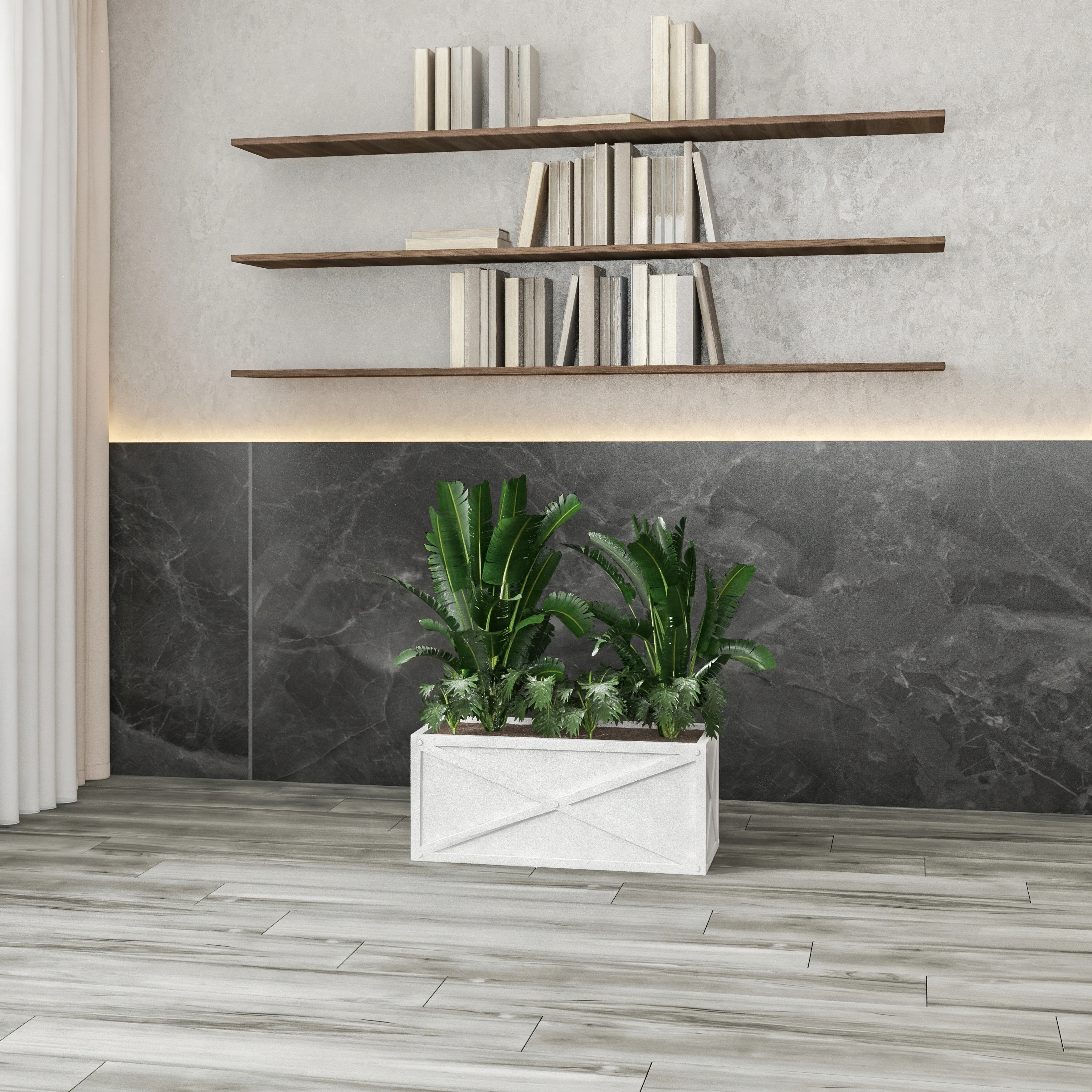 Bonsai Series Rectangle Poly Stone Planter in White 14.6 x 13 30 Long