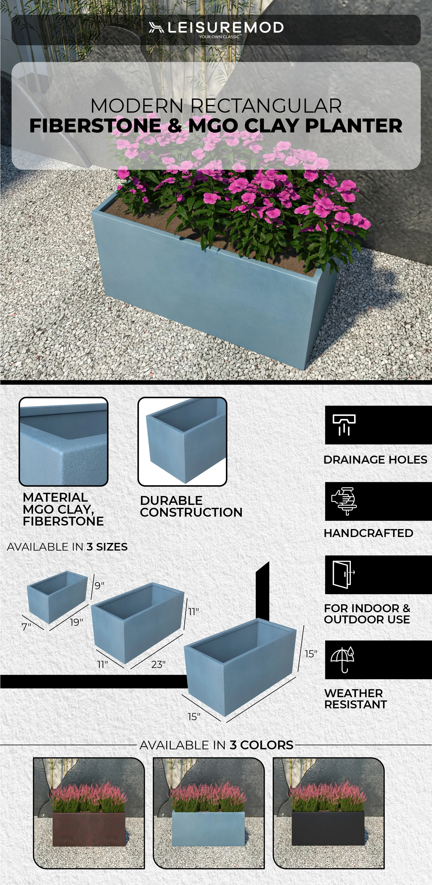 Bloom Series Poly Stone Planter 15.7" , 31.5" Long In Black Aged Concrete