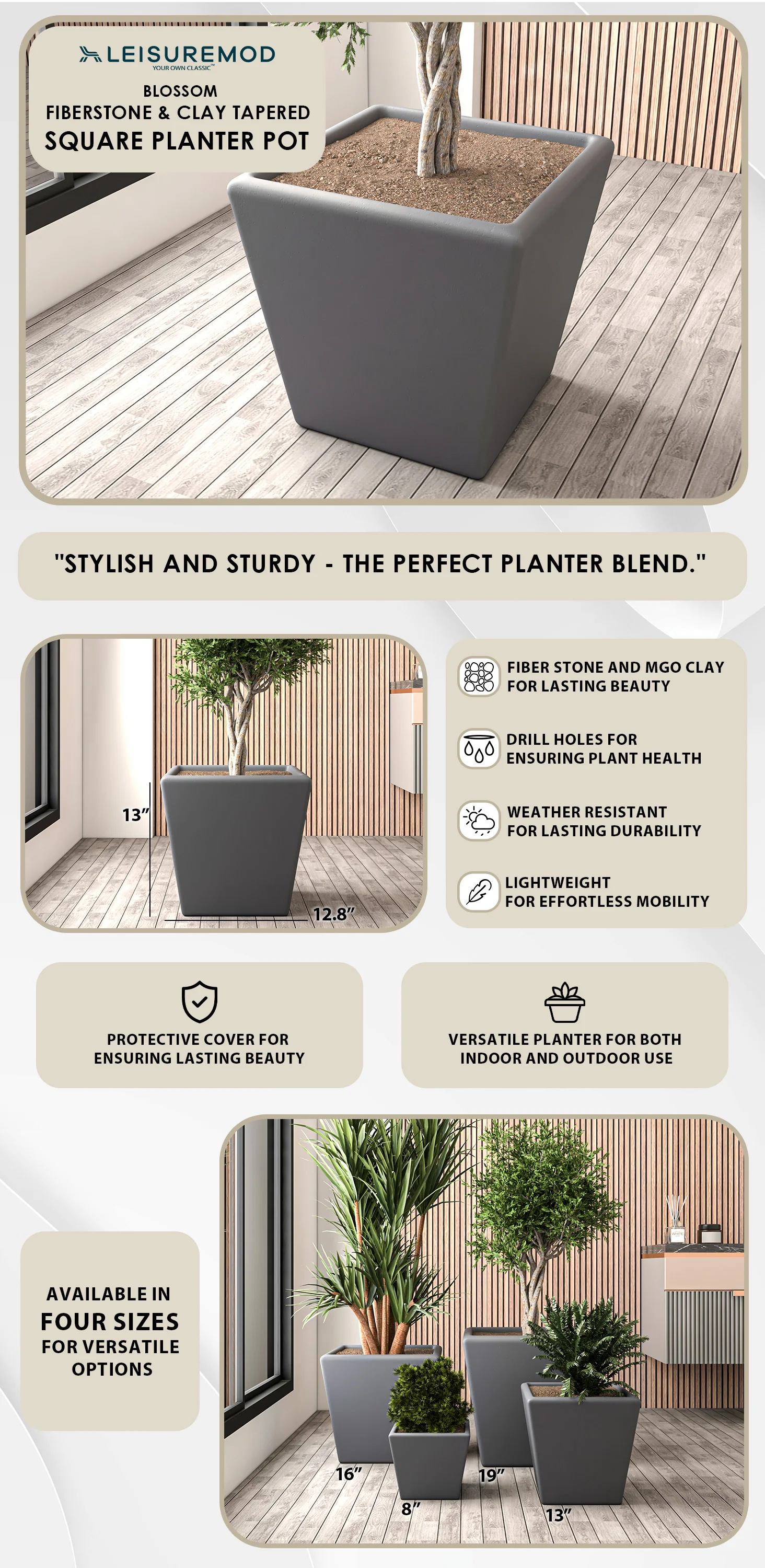 Blossom Series Poly Stone Planter in Dark Grey 19.7 Dia, 19 High