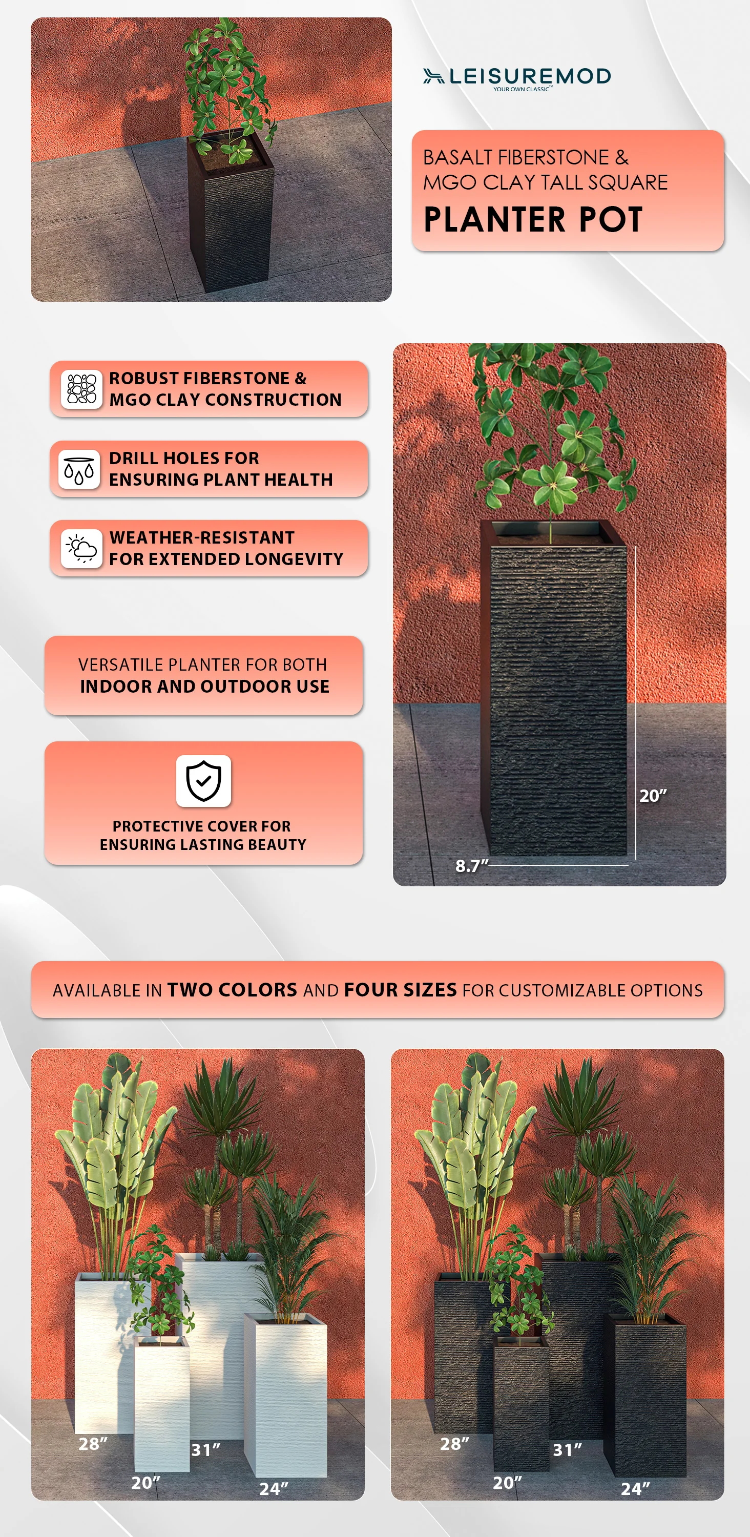 Basalt Series Poly Stone Planter 8.7" Square 19.7" High in Black