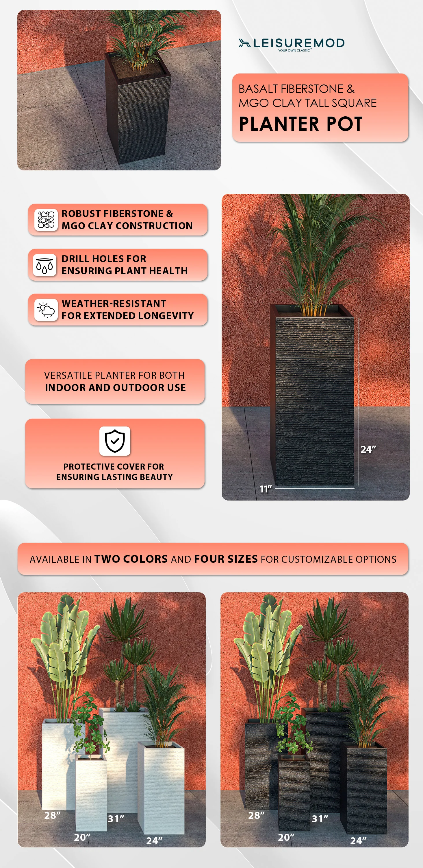 Basalt Series Poly Stone Planter 11" Square 23.6" High in Black