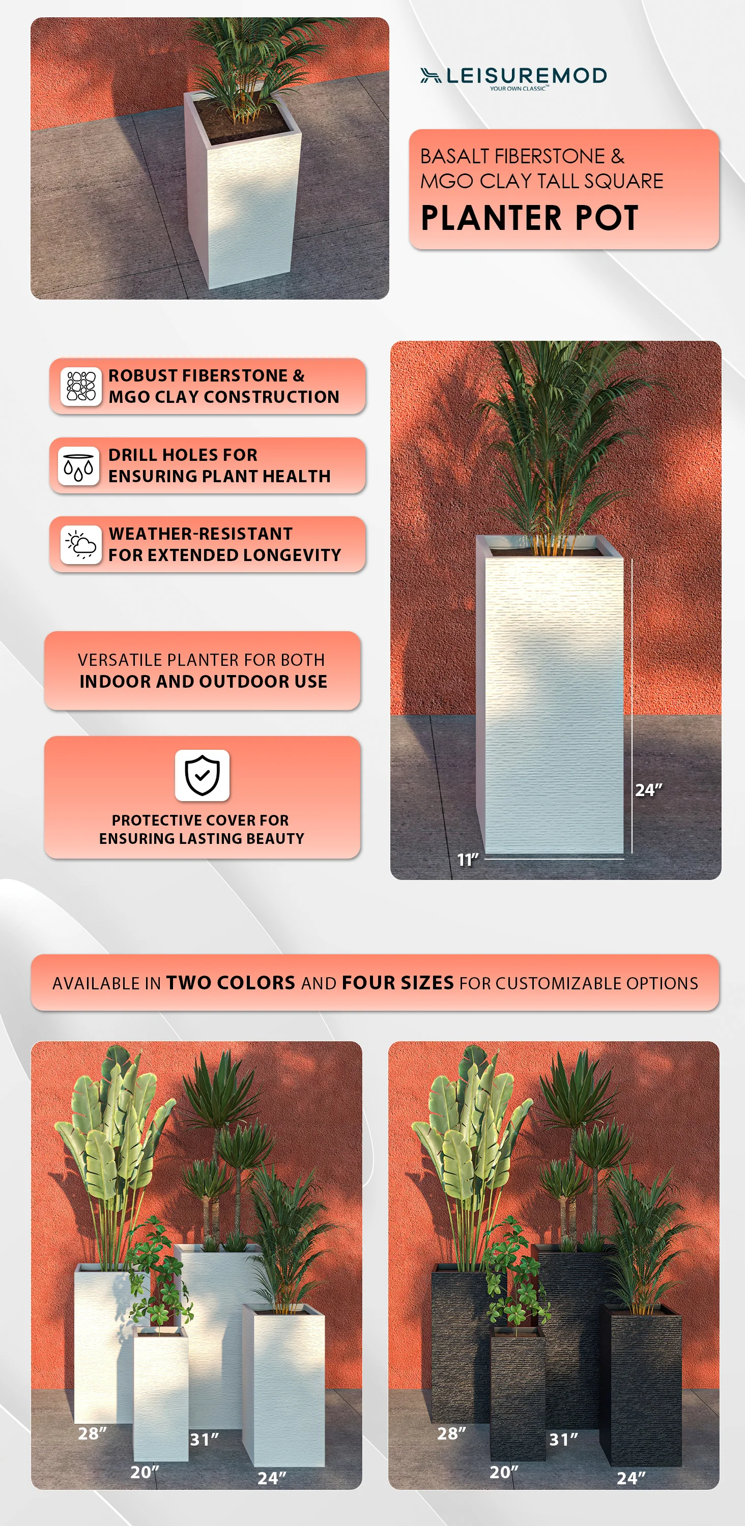 Basalt Series Poly Stone Planter 11" Square 23.6" High in White