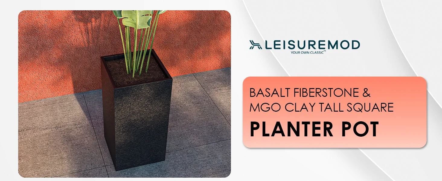 Basalt Series Poly Stone Planter 13.8" Square 27.6" High in Black