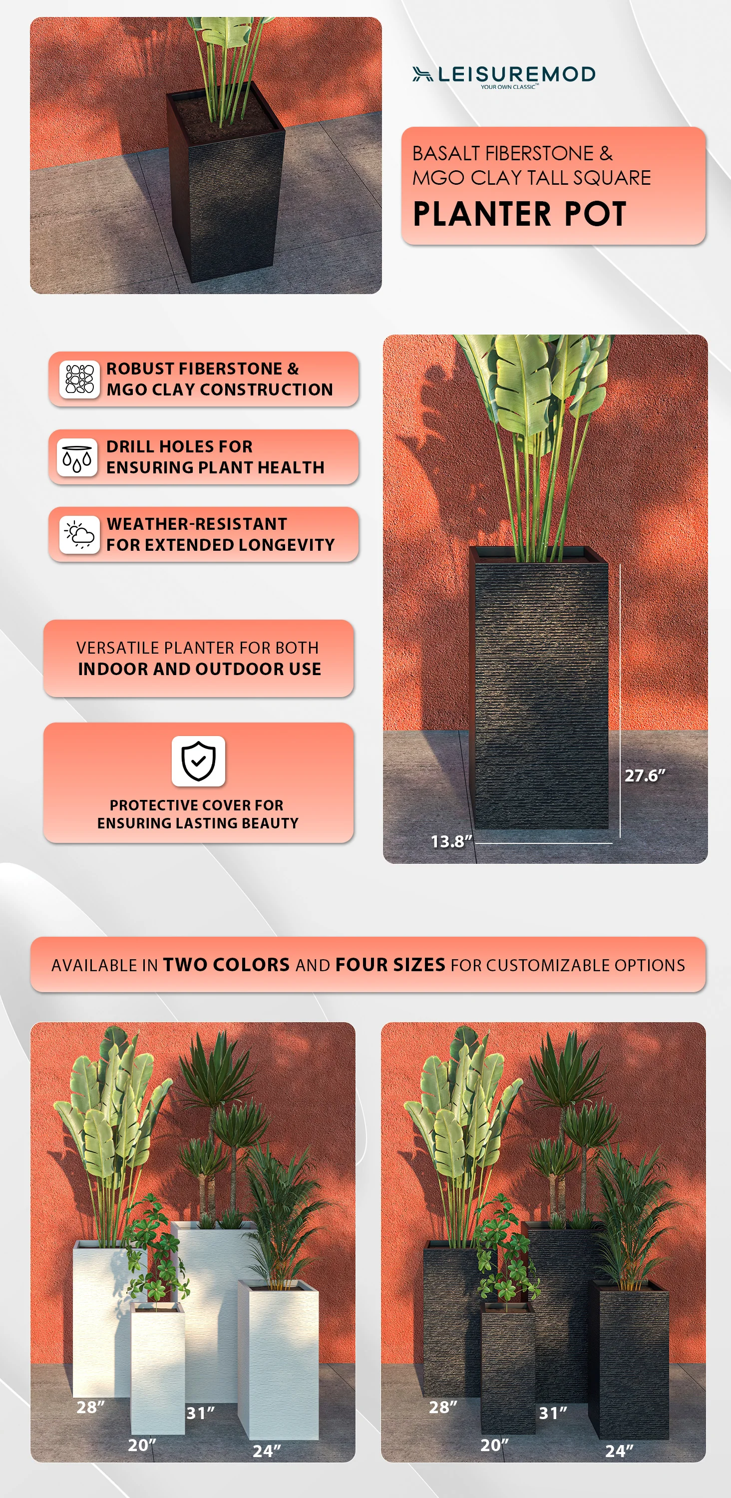 Basalt Series Poly Stone Planter 13.8" Square 27.6" High in Black