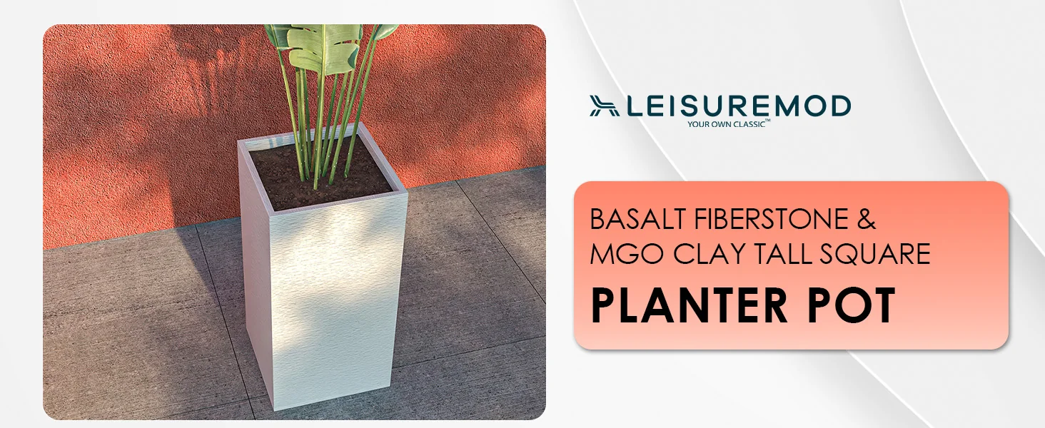 Basalt Series Poly Stone Planter 13.8" Square 27.6" High in White