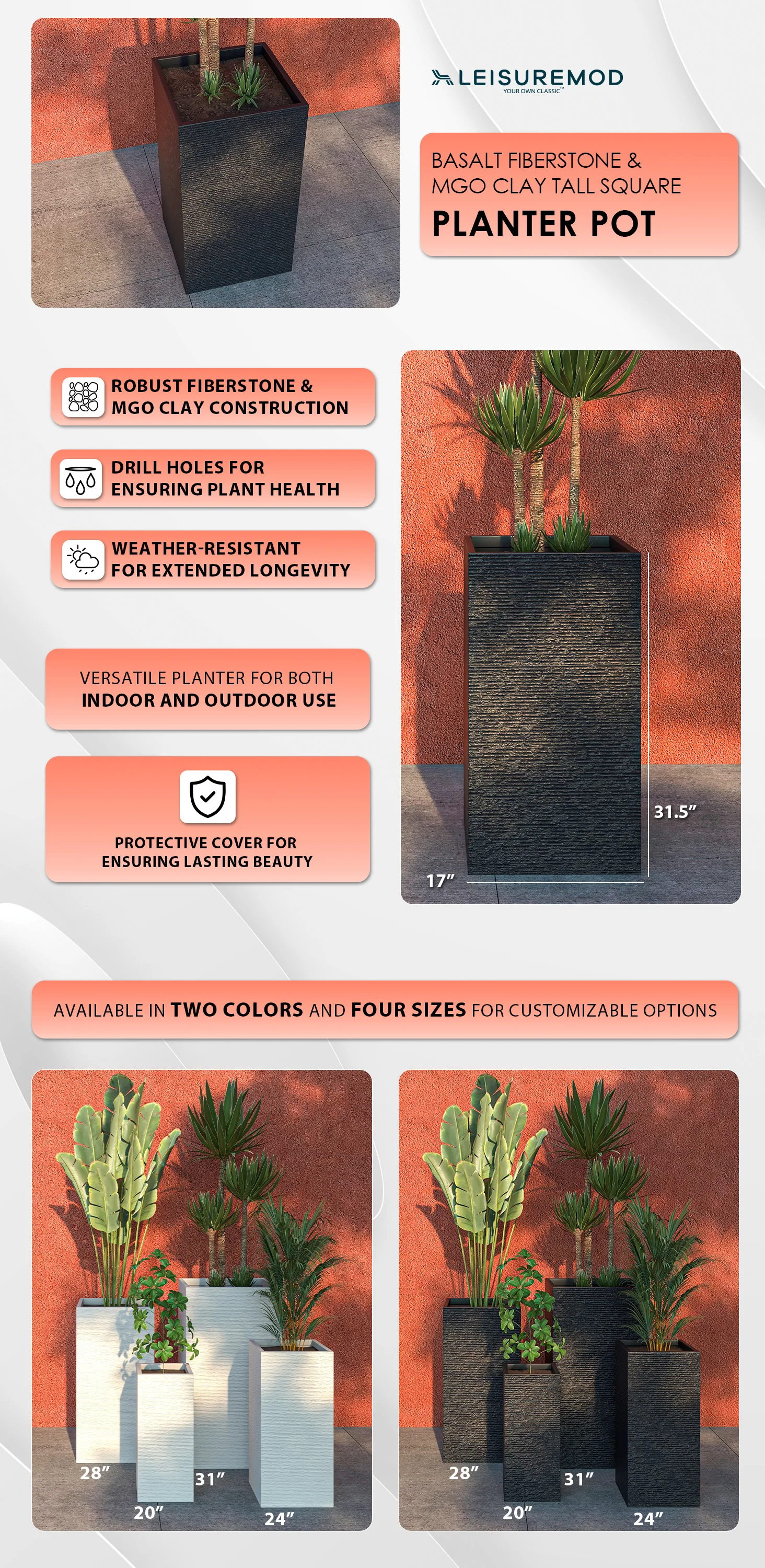 Basalt Series Poly Stone Planter 17" Square 31.5" High in Black