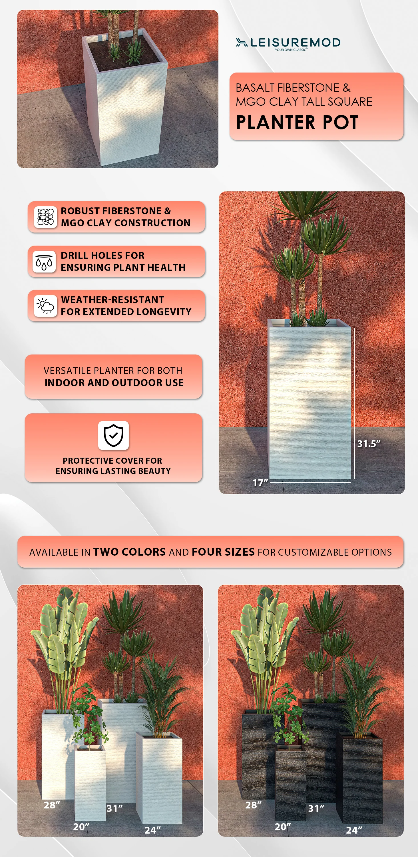 Basalt Series Poly Stone Planter 17" Square 31.5" High in White