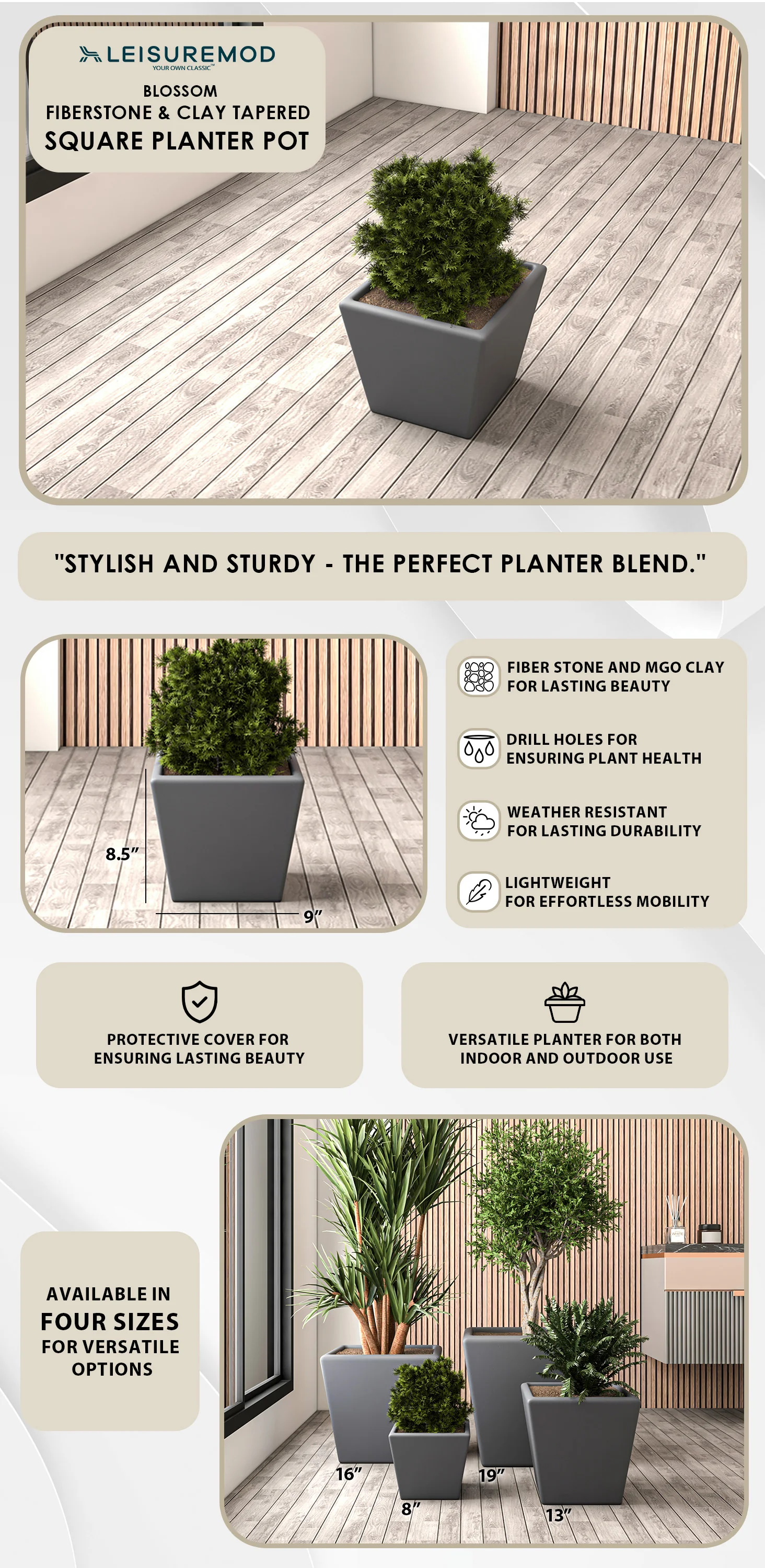 Blossom Series Poly Stone Planter in Dark Grey 9 Dia, 8.3 High