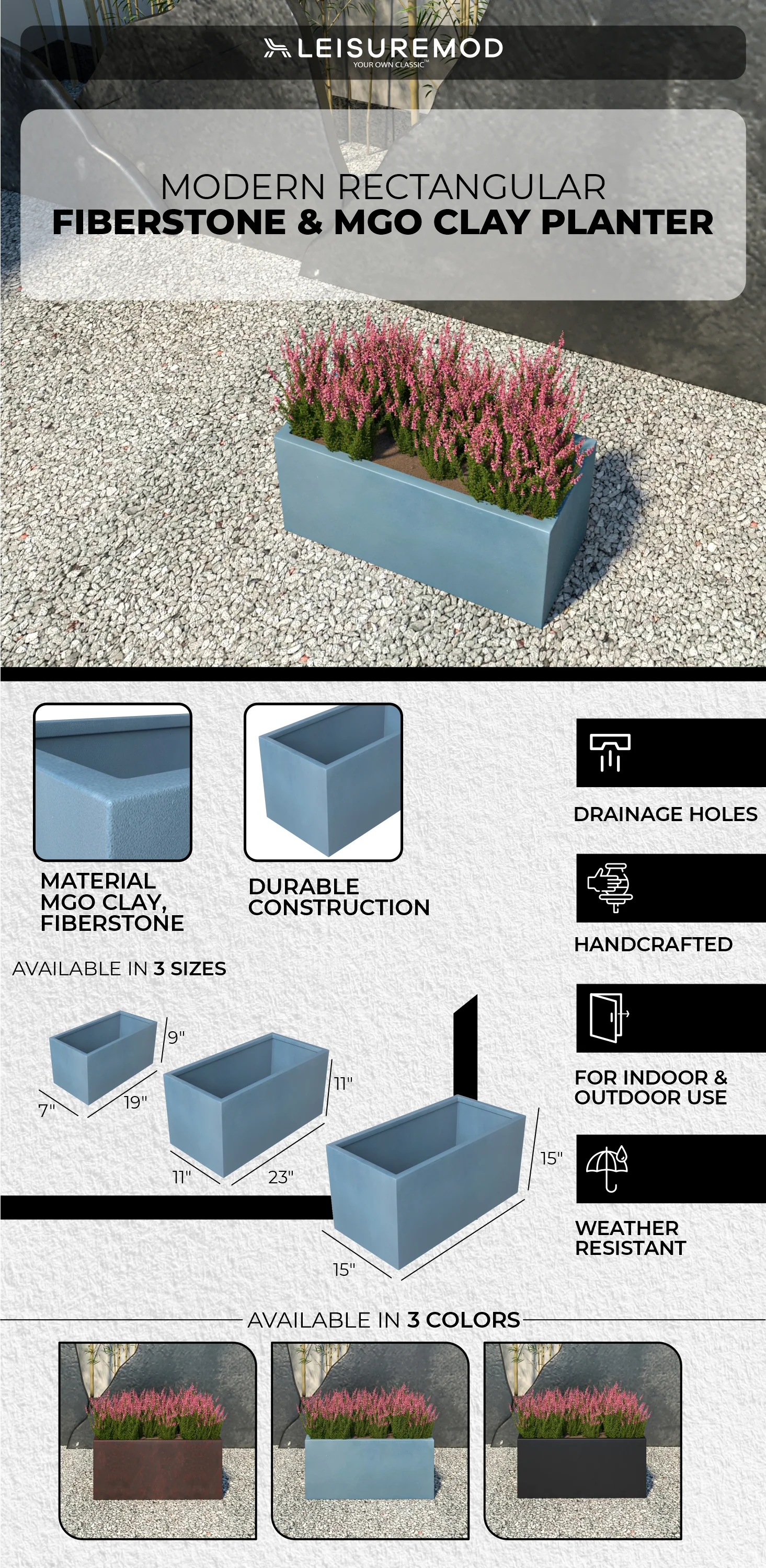 Bloom Series Poly Stone Planter 9" , 19.7" Long In Aged Concrete