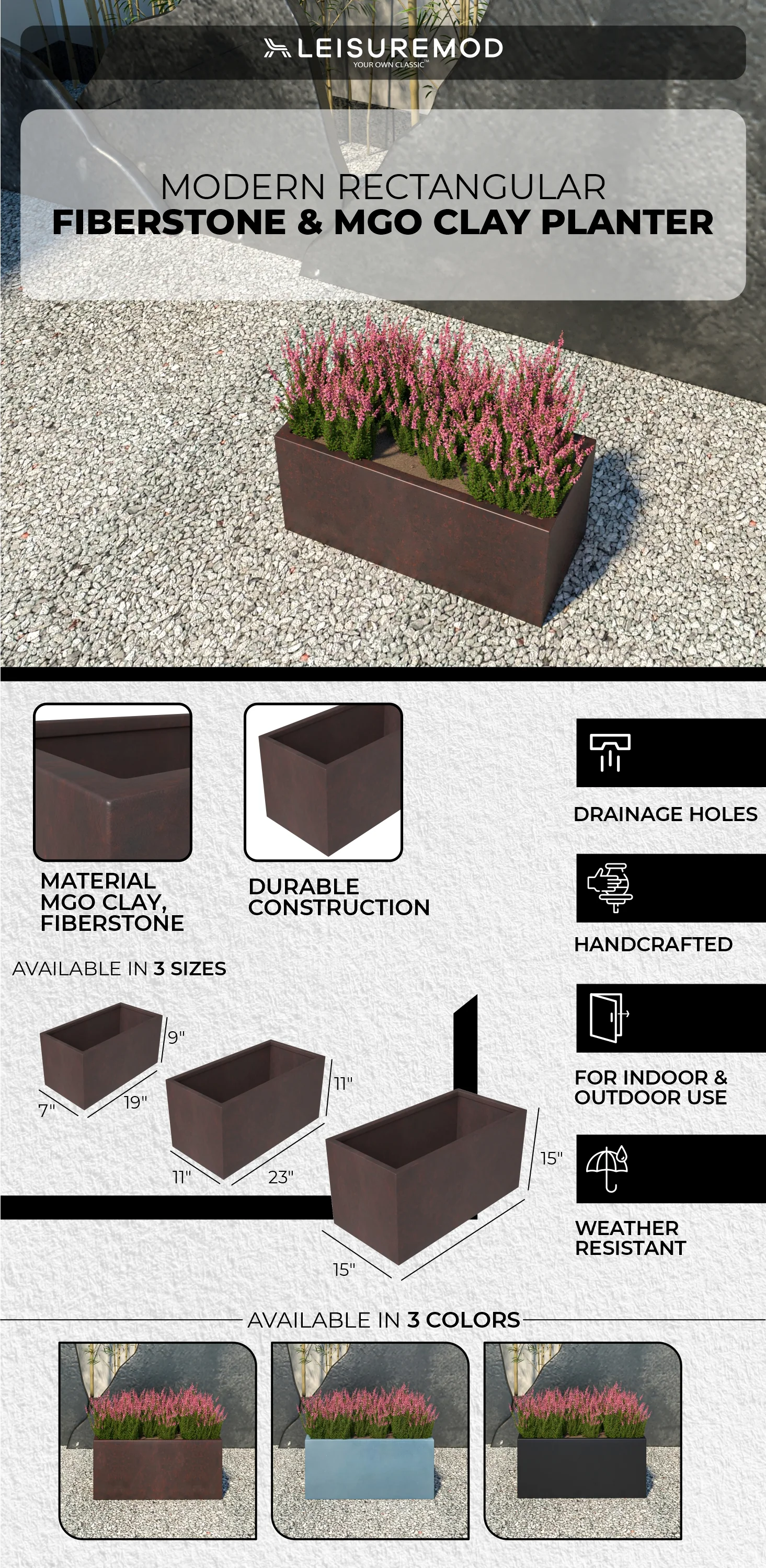 Bloom Series Poly Stone Planter 9" , 19.7" Long In Brown