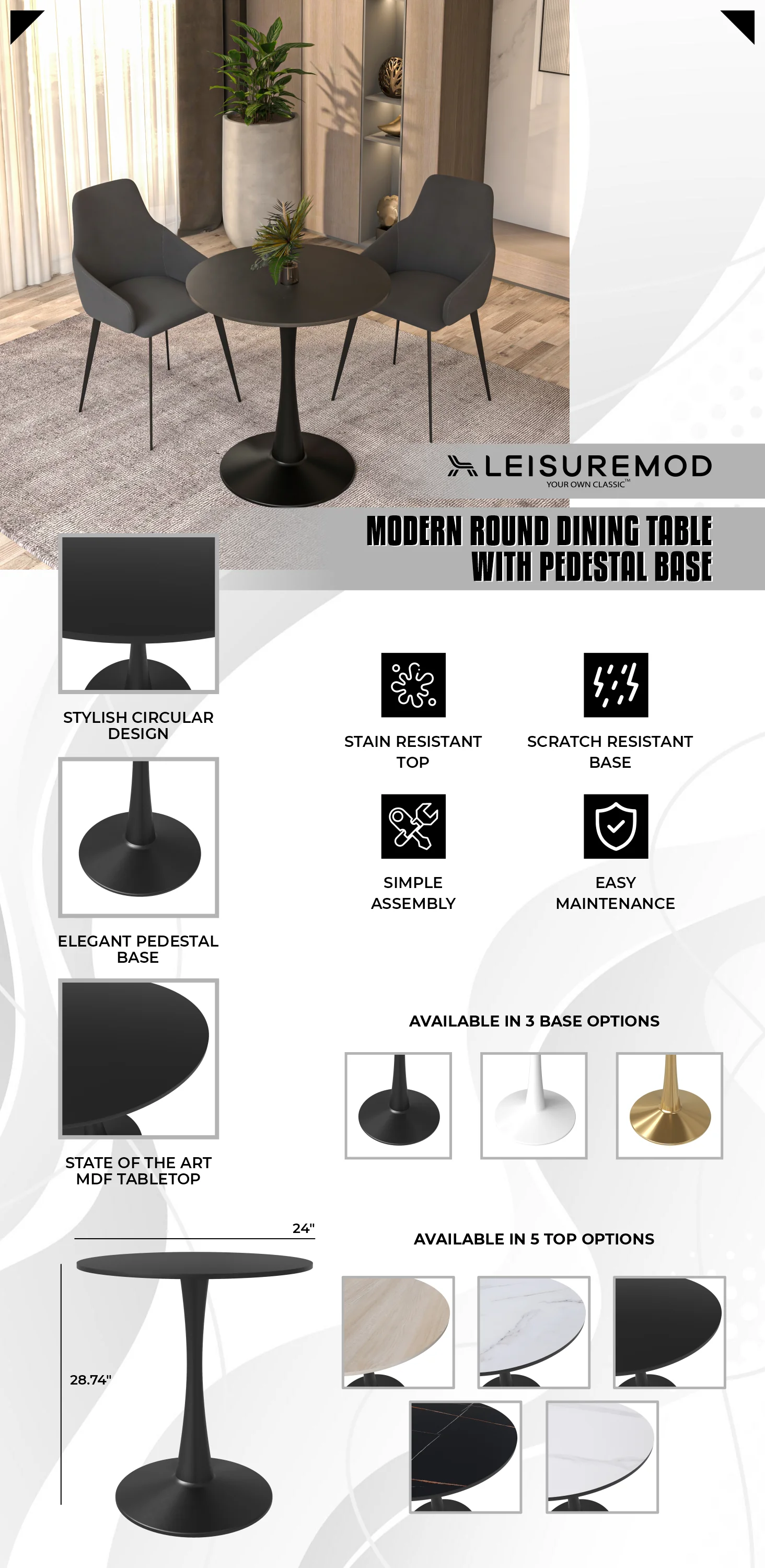 Leisyremod Bristol 24" Round Dining Table Black base with Black top