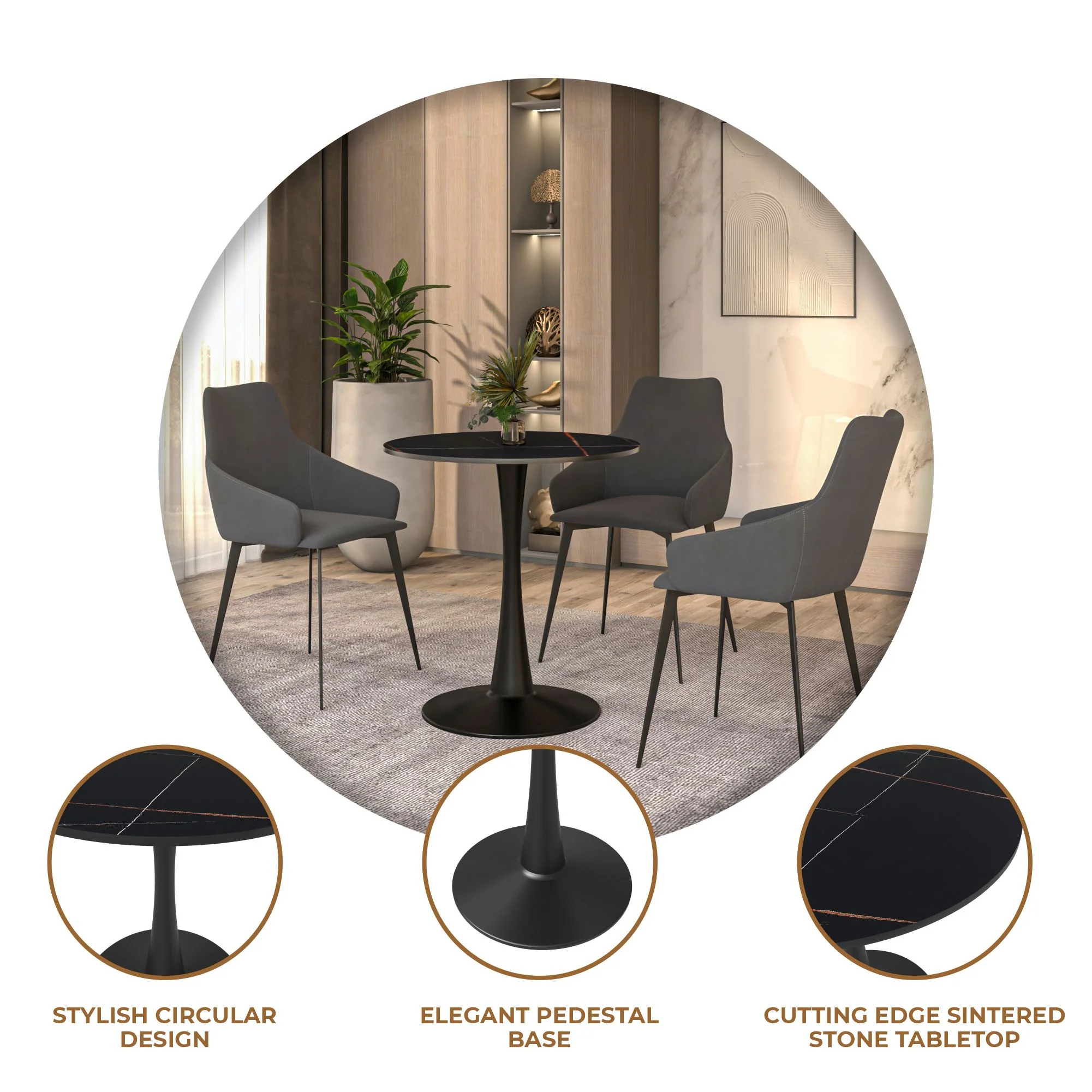 Bristol 24 round dining table Black base with Black Sintered stone Top