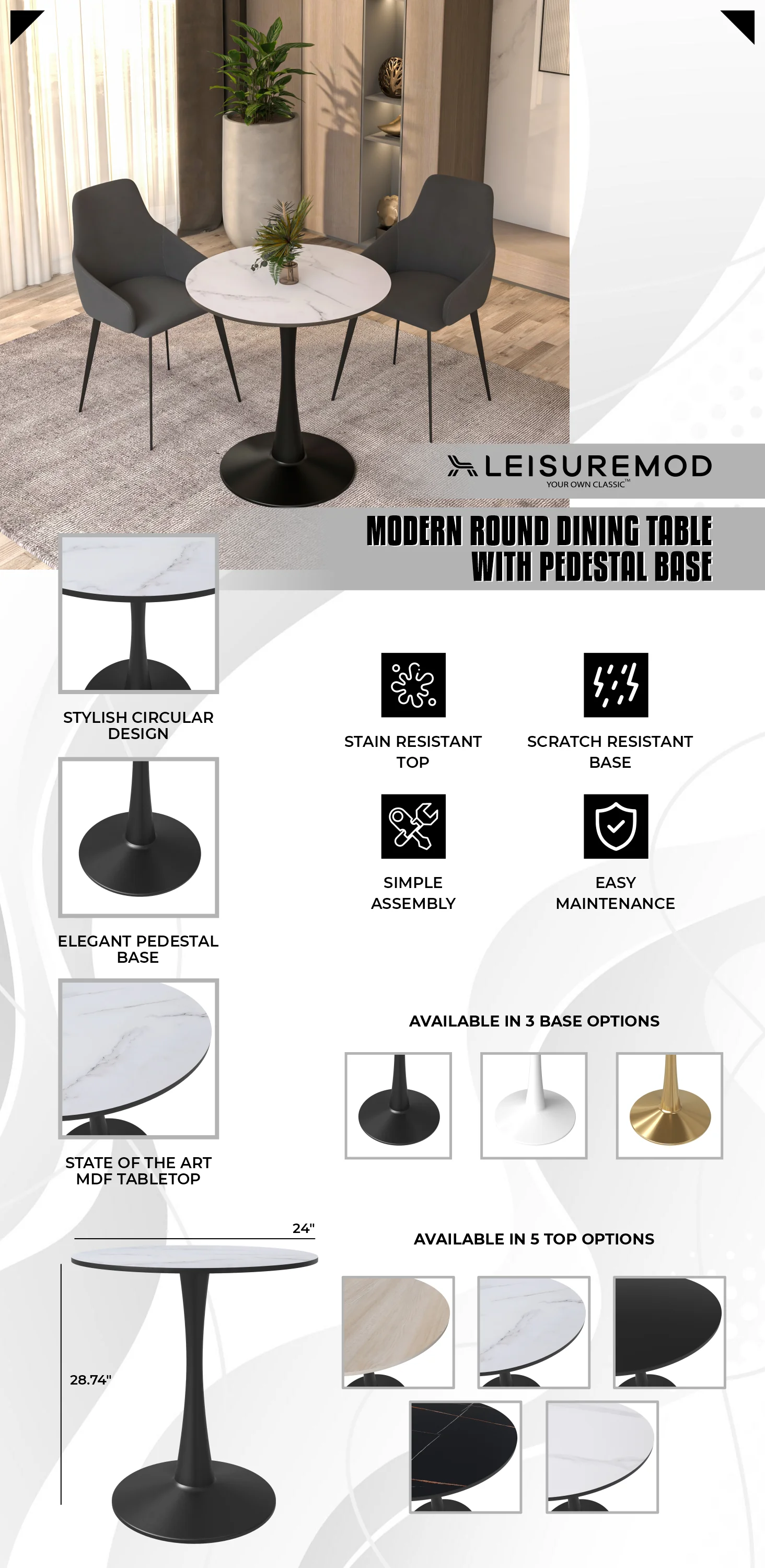 Leisyremod Bristol 24" Round Dining Table Black base with White top