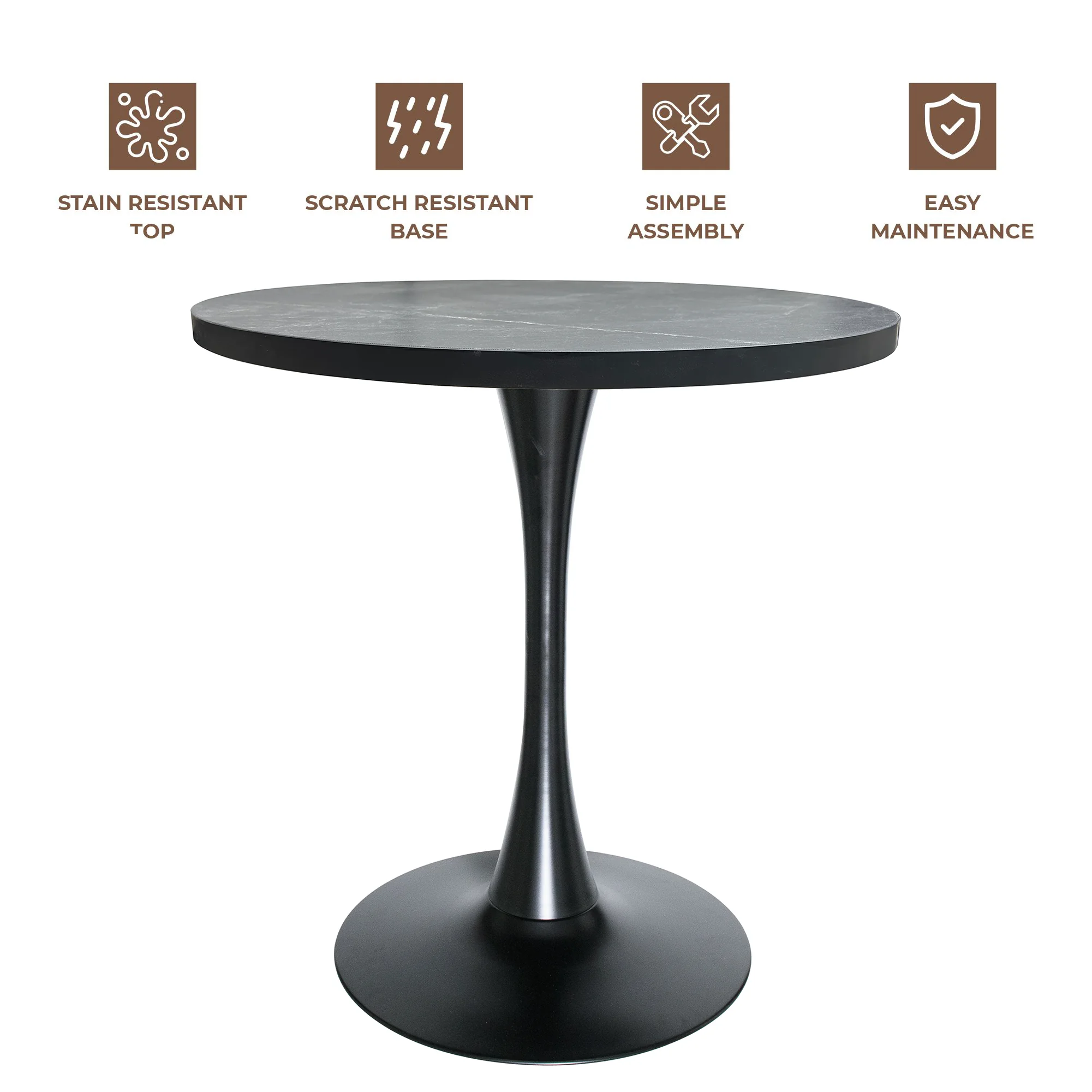 Bristol Dining table, Black Base with 27 Round Marbleized Black MDF top