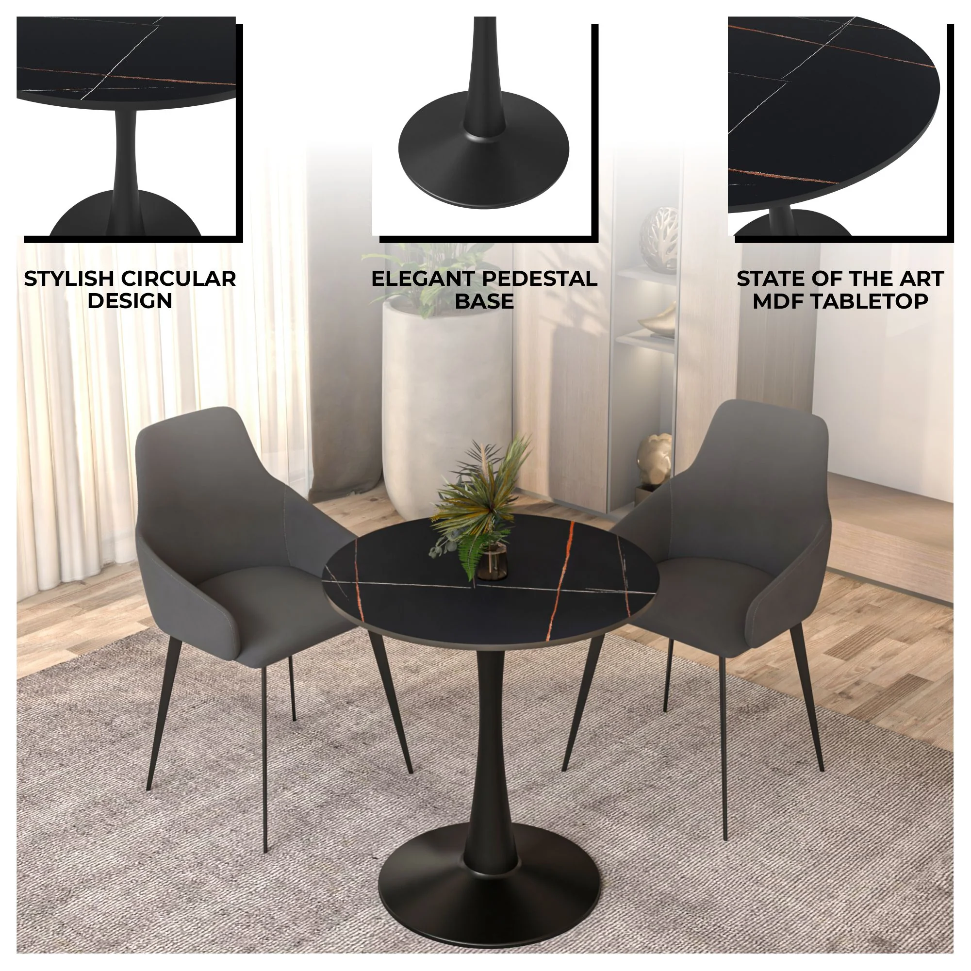 Bristol 27 round dining table Black base with Black Sintered stone Top