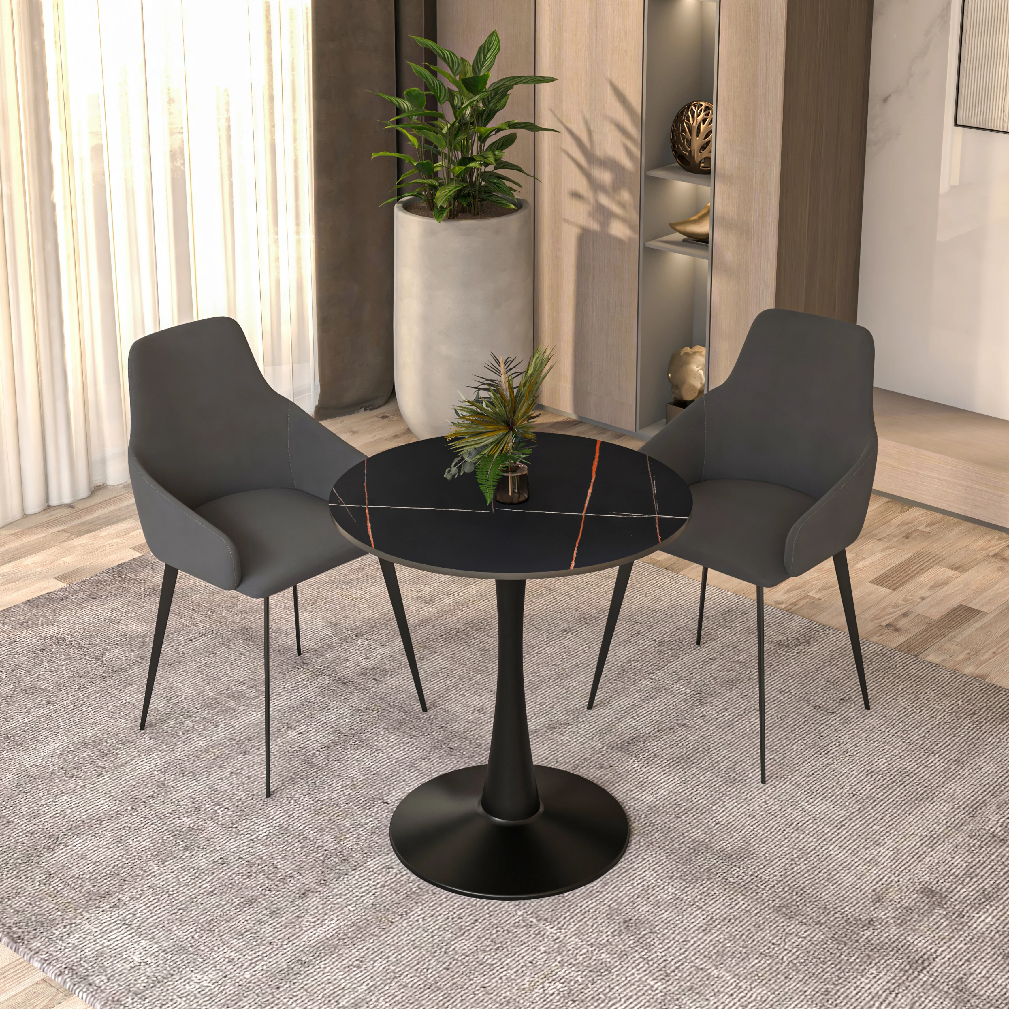 Bristol 27 round dining table Black base with Black Sintered stone Top